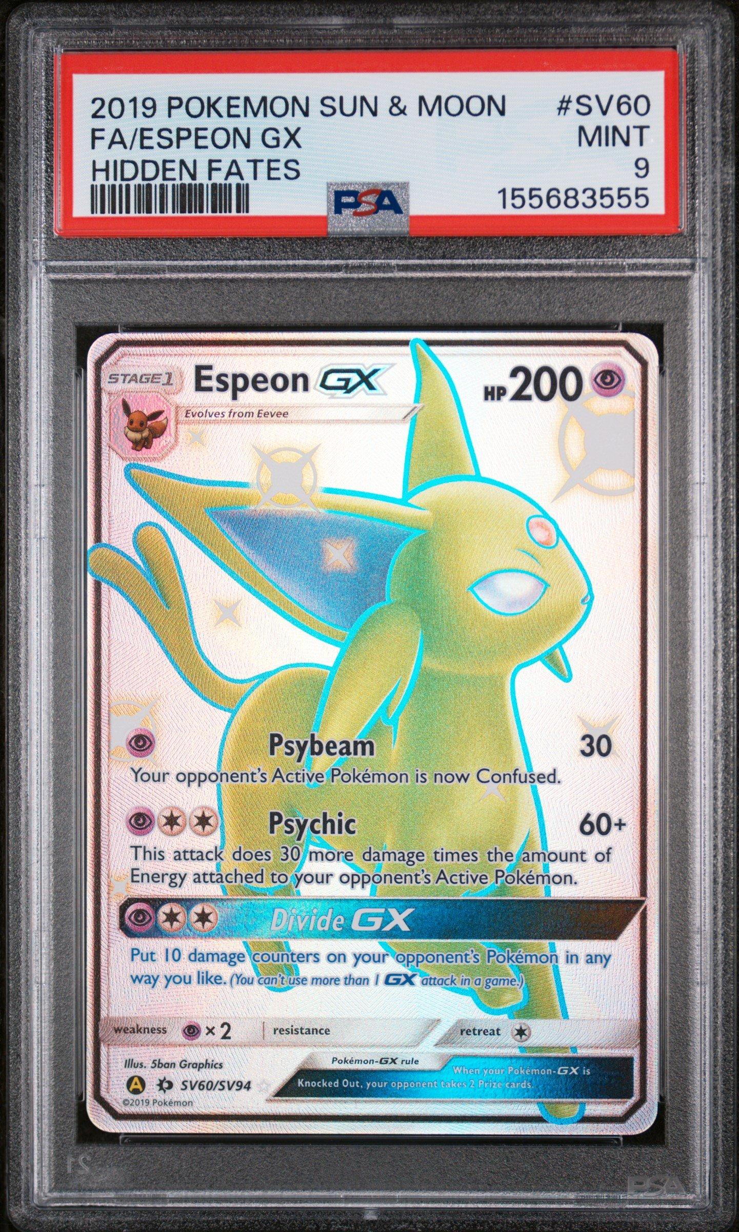 2019 Pokemon Sun & Moon Hidden Fates Sv60 Full Art/espeon Gx PSA 9