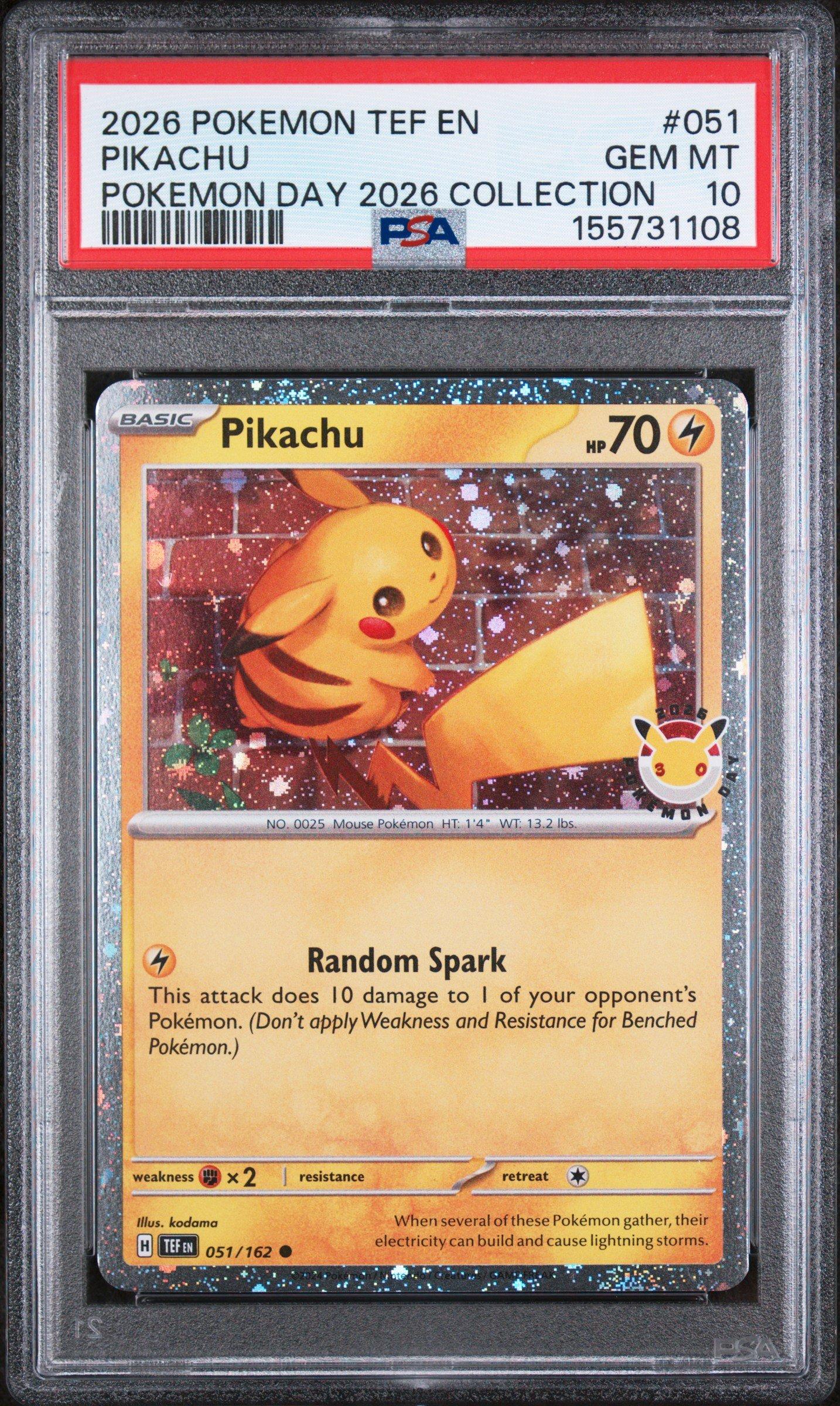 pokemon day pikachu card 2026 Tef En-temporal Forces 051 Pokemon 2026 Collection PSA 10 Graded a limited foil promo Pikachu (Pokémon Day 2026) 051/162