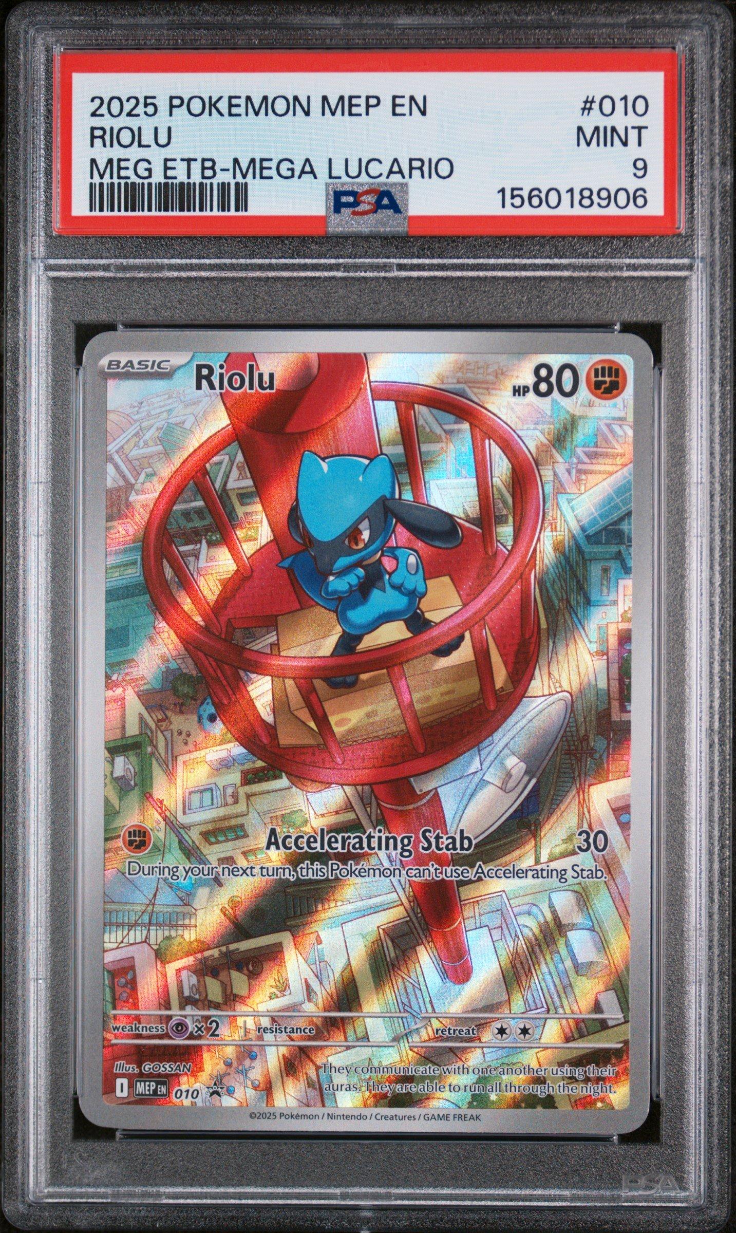 2025 Pokemon Mep En-Me Black Star Promo 010 Riolu Mega Evolution Elite Trainer Box-Mega Lucario PSA 9