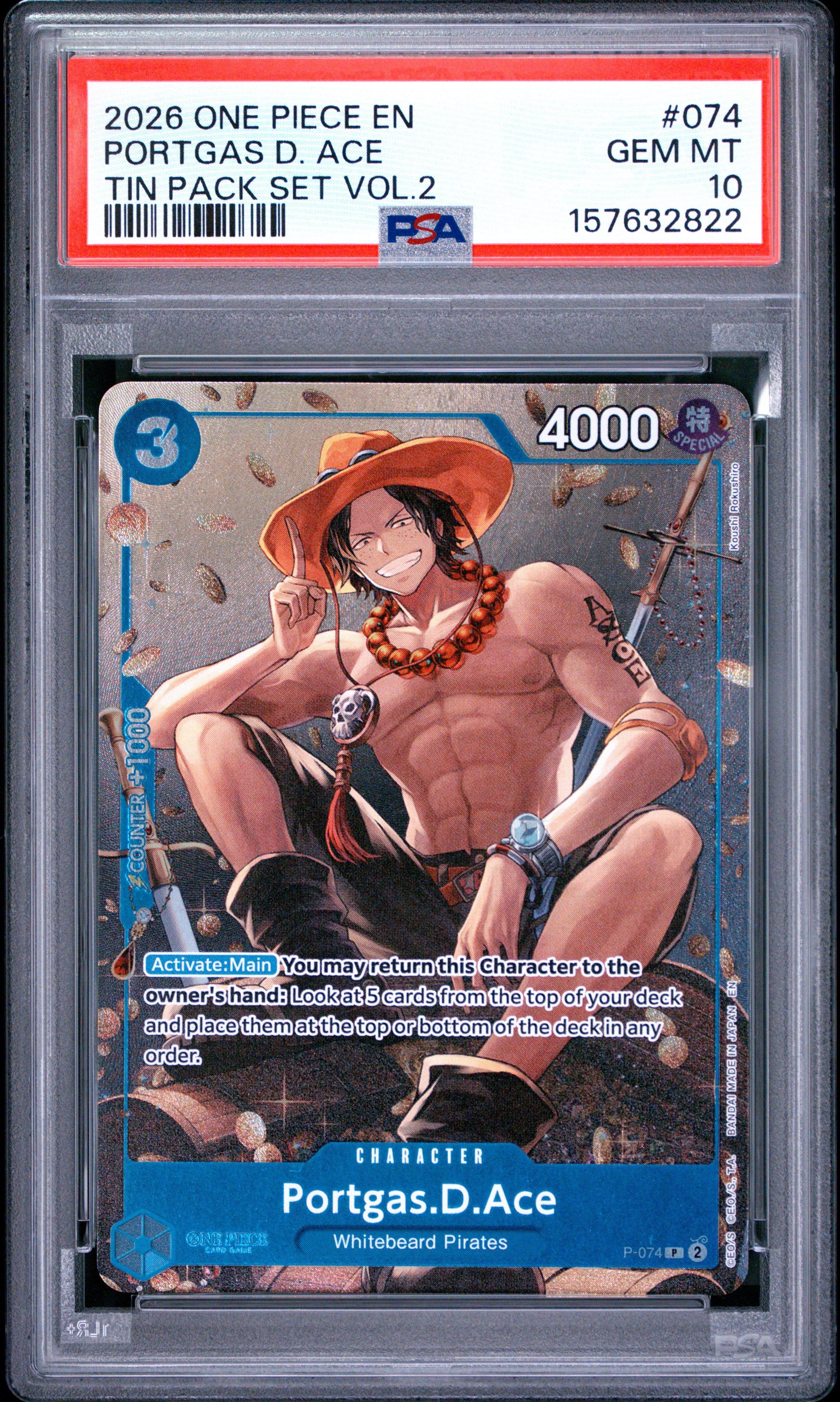 2026 One Piece Promos 074 Portgas D. Ace Tin Pack Set Vol.2 PSA 10