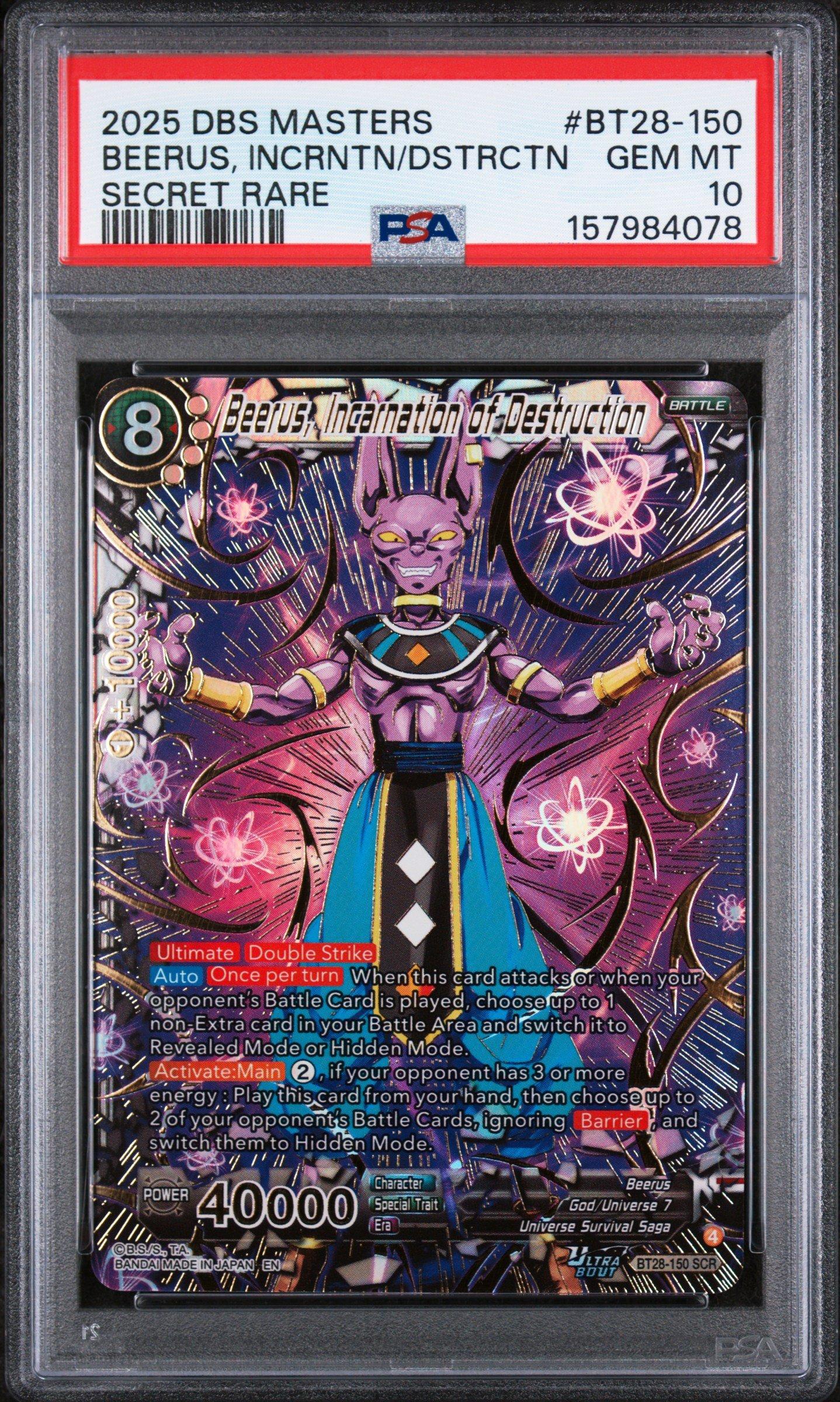 dragon ball super card game beerus 2025 Dragon Ball Super Card Game Masters Series 28 Prismatic Clash Bt28-150  Beerus, Incarnation Of Destruction Secret Rare PSA 10
