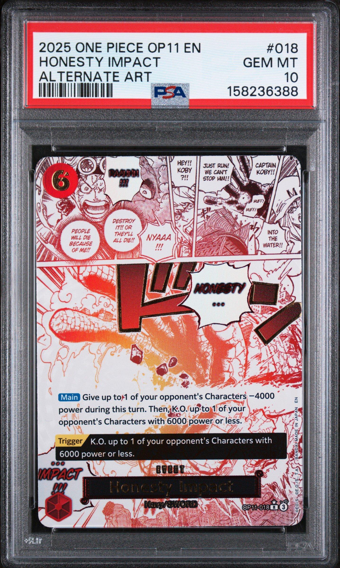 2025 One Piece Op11-a Fist Of Divine Speed 018 Honesty Impact Alternate Art PSA 10