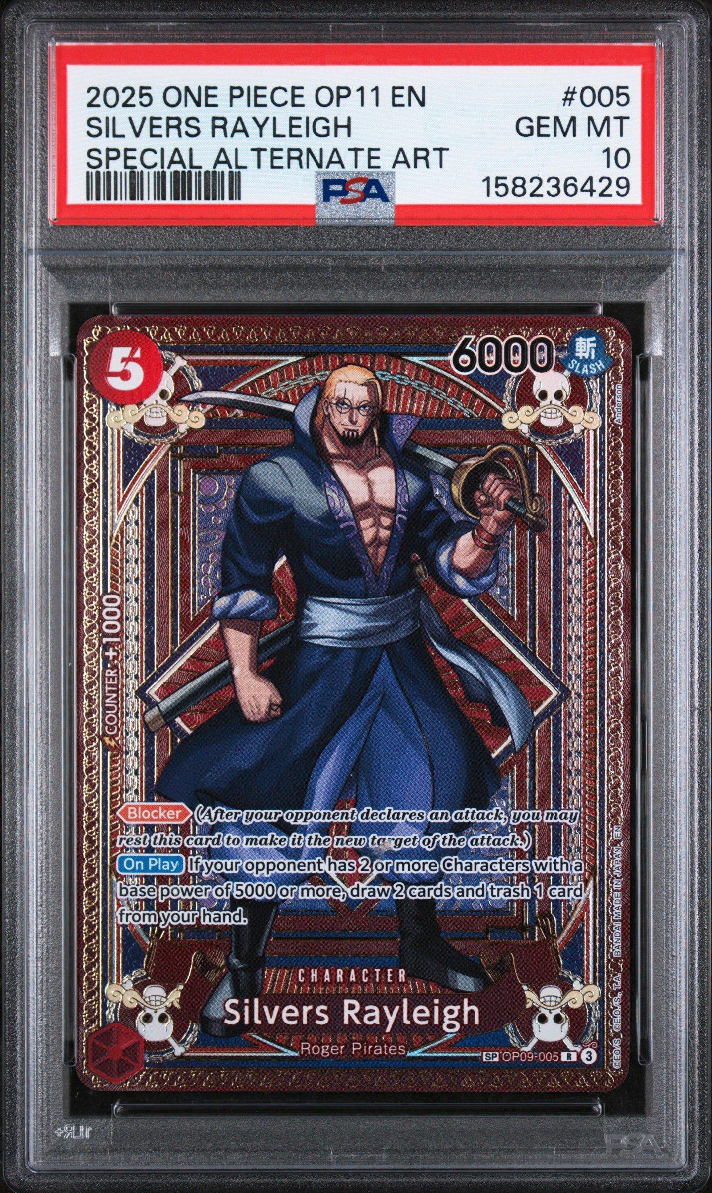 2025 One Piece Op11-a Fist Of Divine Speed 005 Silvers Rayleigh Special Alternate Art PSA 10