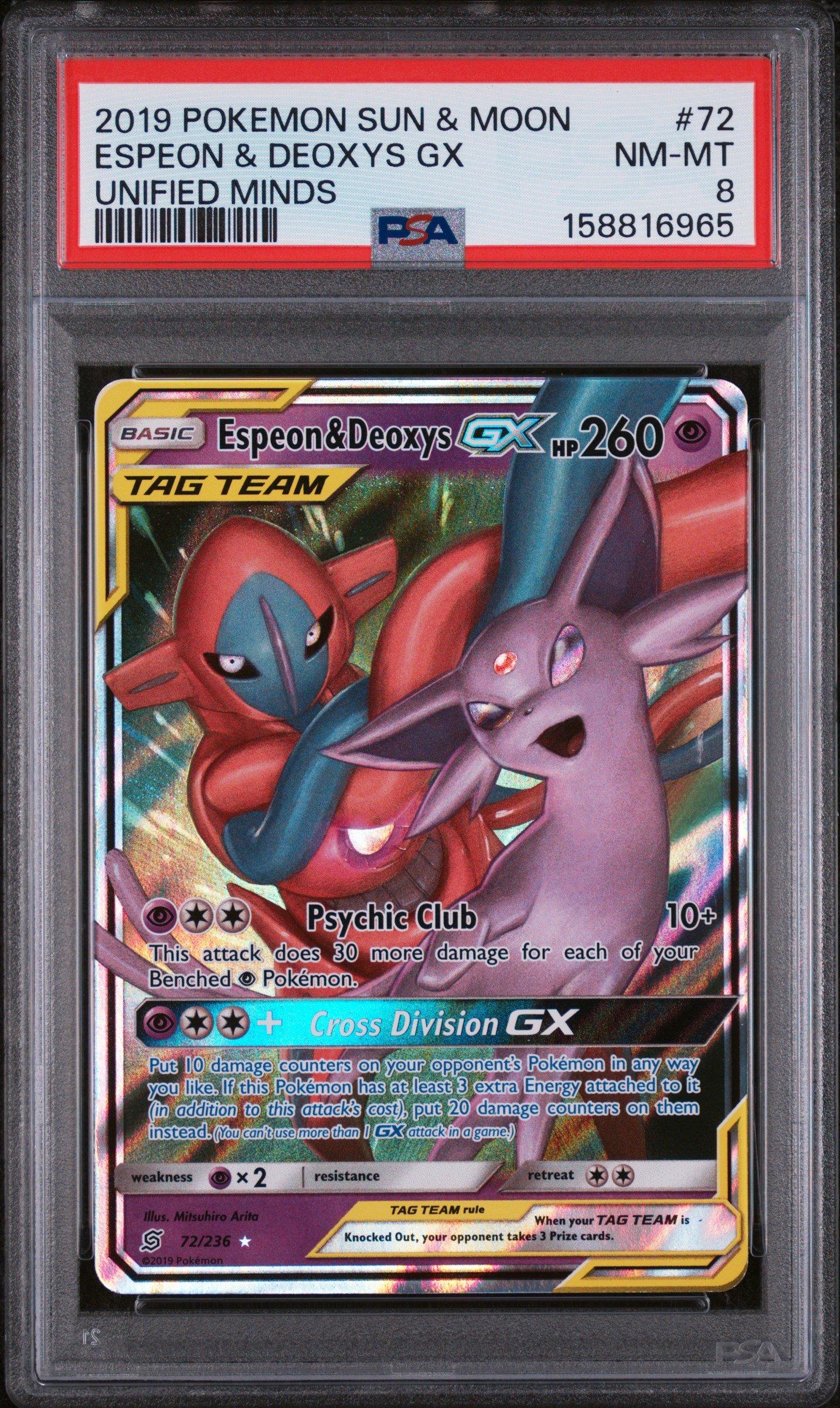 2019 Pokemon Sun & Moon Unified Minds 72 Espeon & Deoxys Gx PSA 8