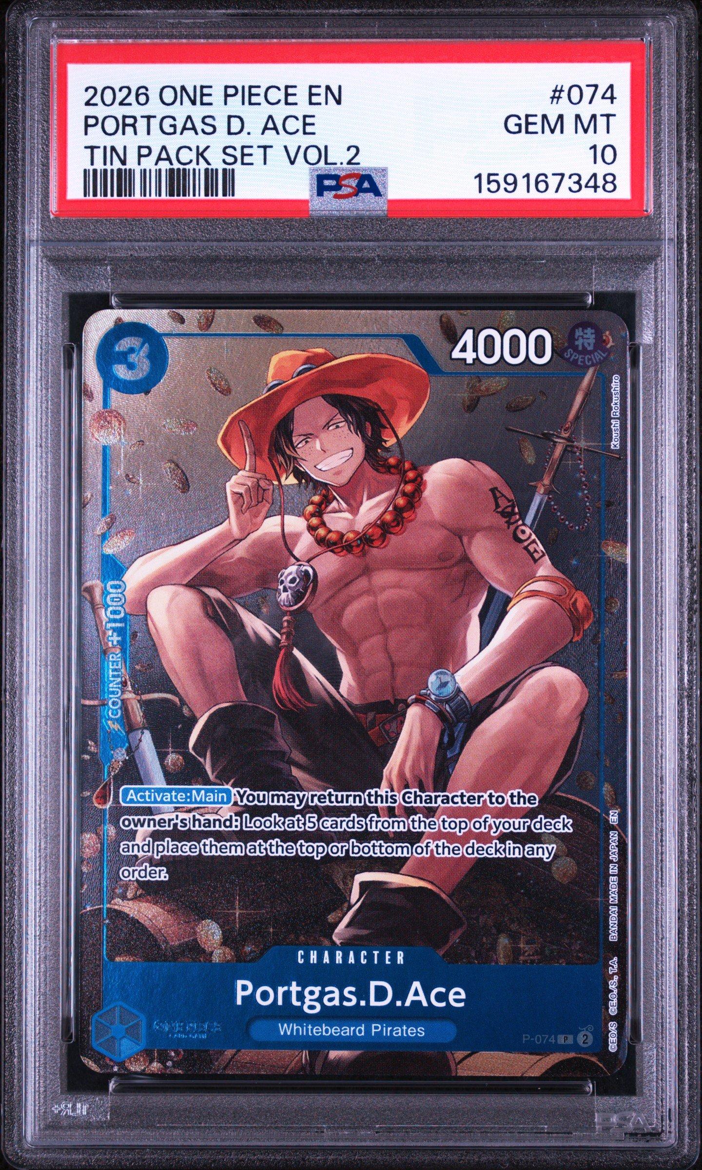 2026 One Piece Promos 074 Portgas D. Ace Tin Pack Set Vol.2 PSA 10