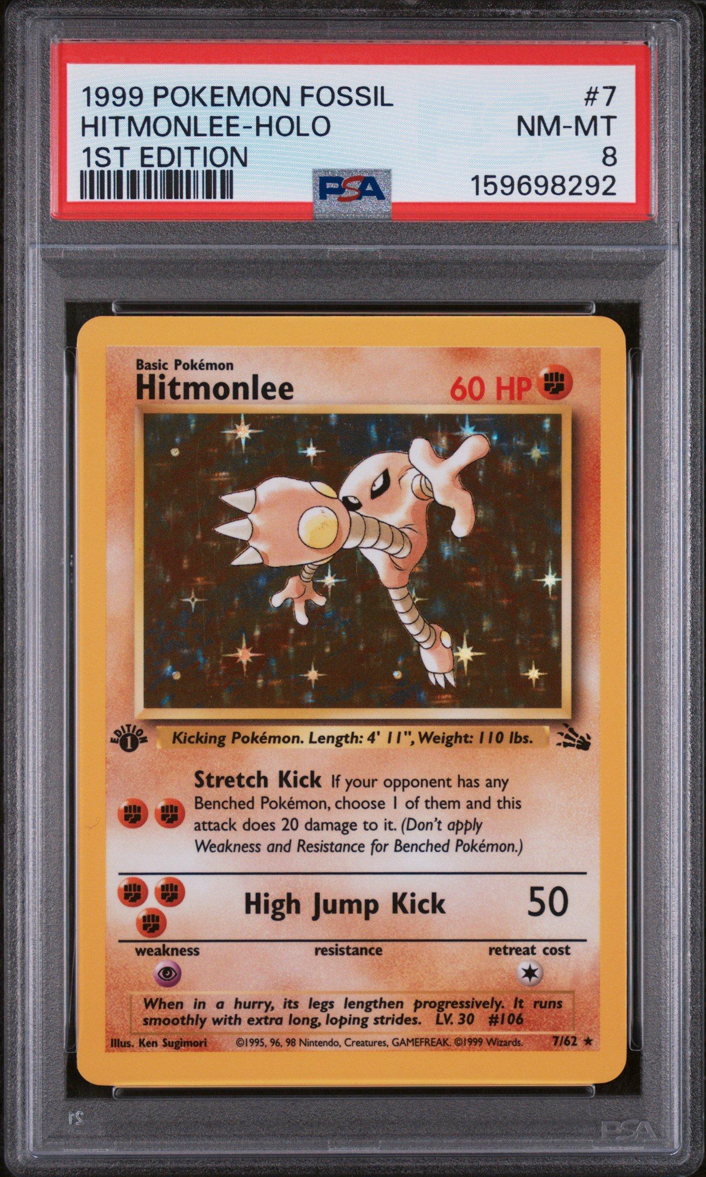 hitmonlee holographic card 1999 Pokemon Fossil 7 Hitmonlee-holo 1st Edition PSA 8