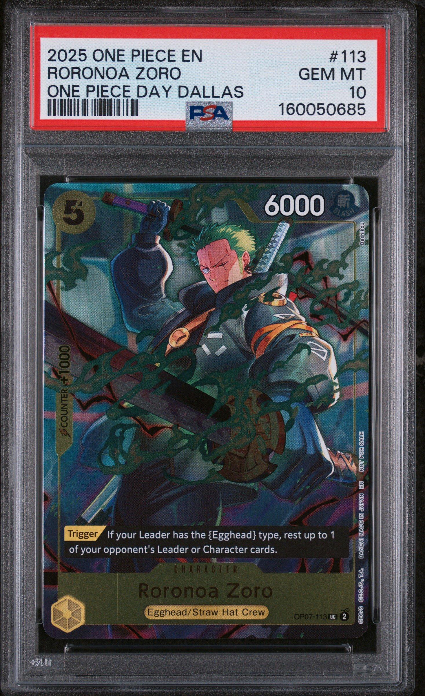 2025 One Piece Promos 113 Roronoa Zoro One Piece Day Dallas PSA 10