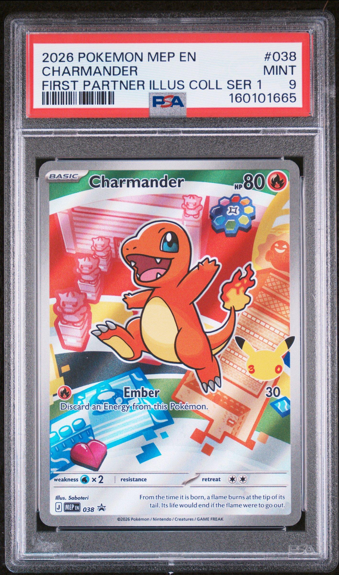 first card graded by psa 2026 Pokemon Mep En-me Black Star Promo 038 Charmander First Partner  Illustration Collection Series 1 PSA 9