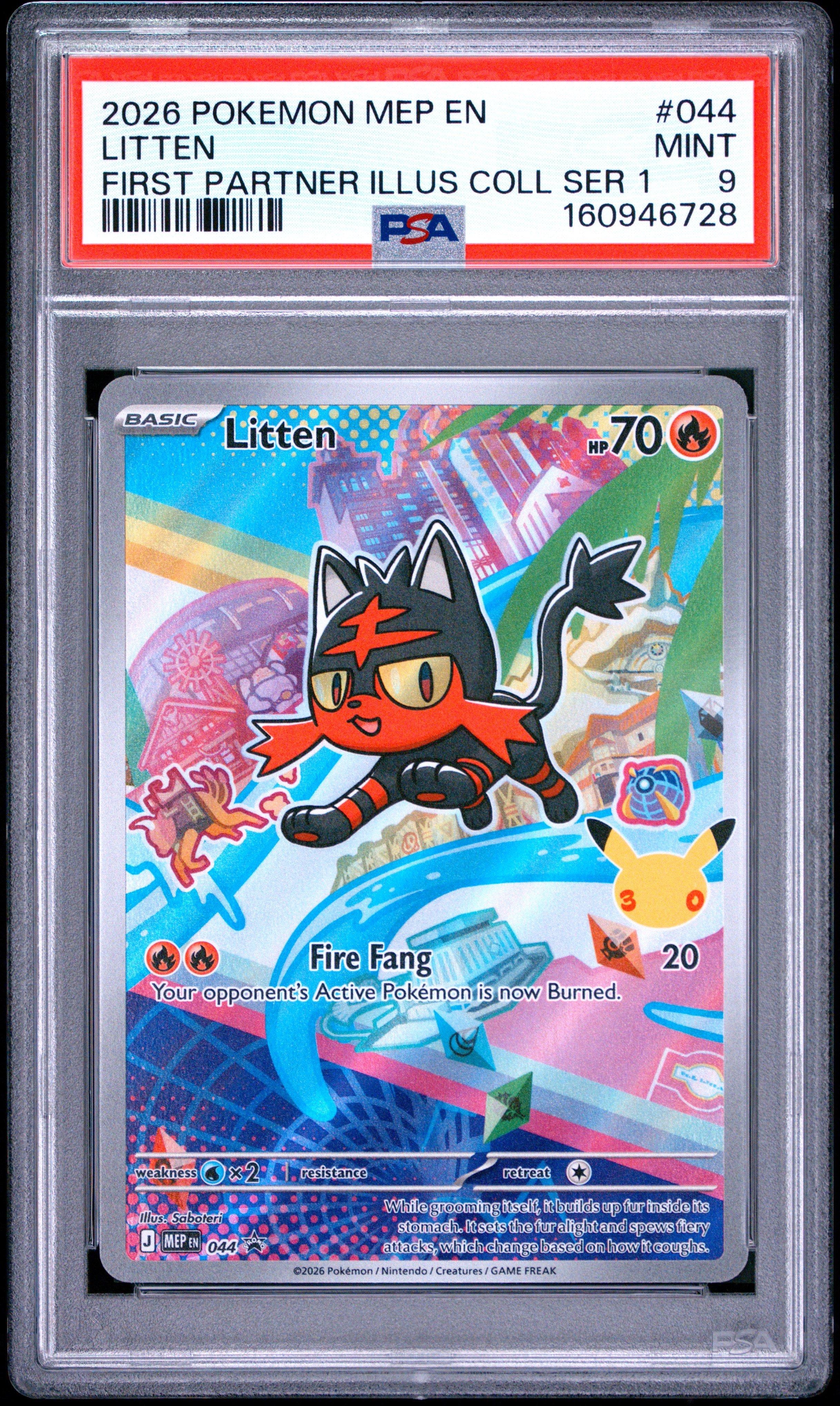 pokemon card litten 2026 Mep En-me Black Star Promo 044 First Partner Illustration Collection Series 1 PSA 9 Graded [R] Fake Out (10) Flip a coin Hand painted Litten pokemon card!