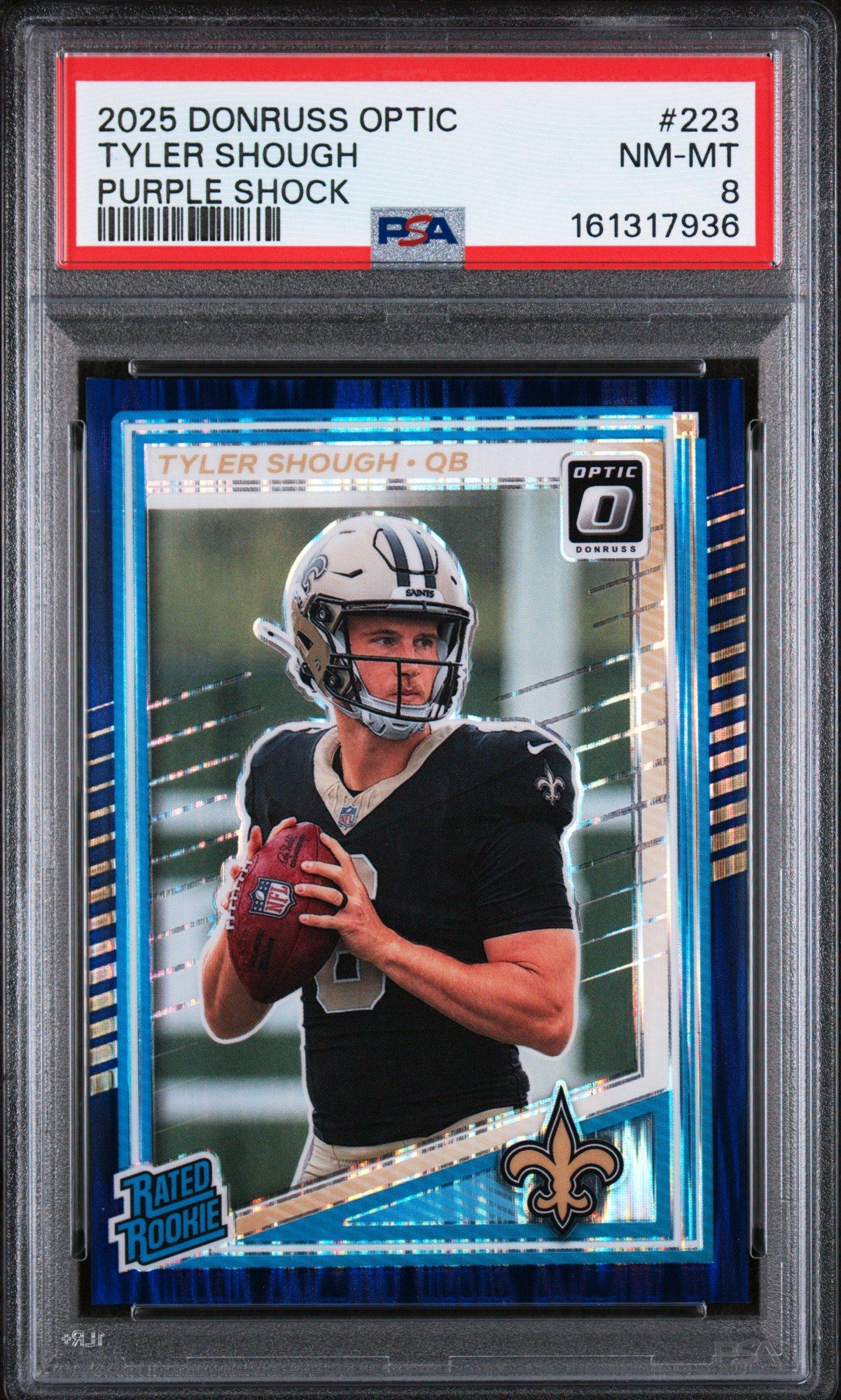 2025 Panini Donruss Optic 223 Tyler Shough Purple Shock PSA 8