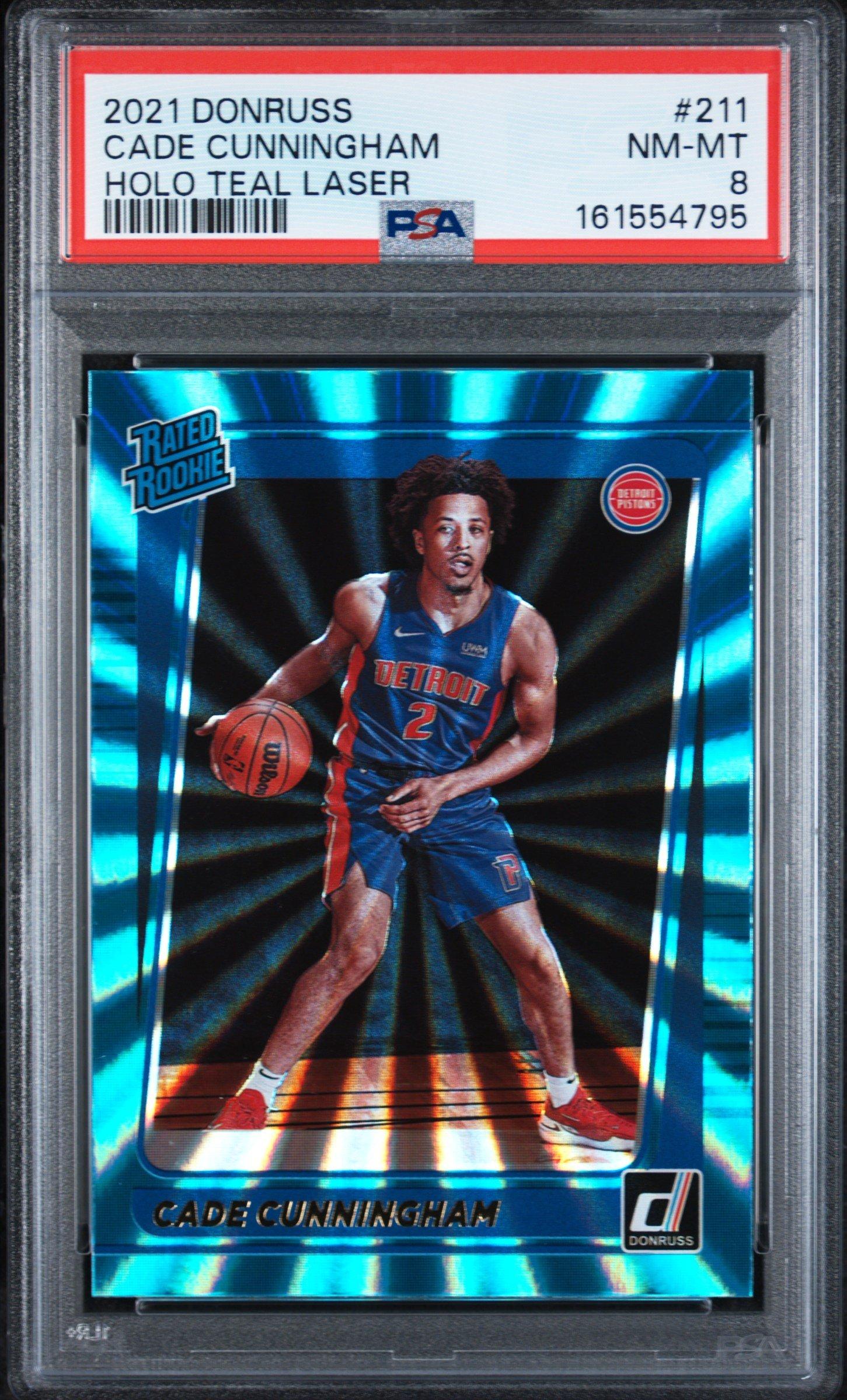 2021 Panini Donruss 211 Cade Cunningham Holo Teal Laser PSA 8