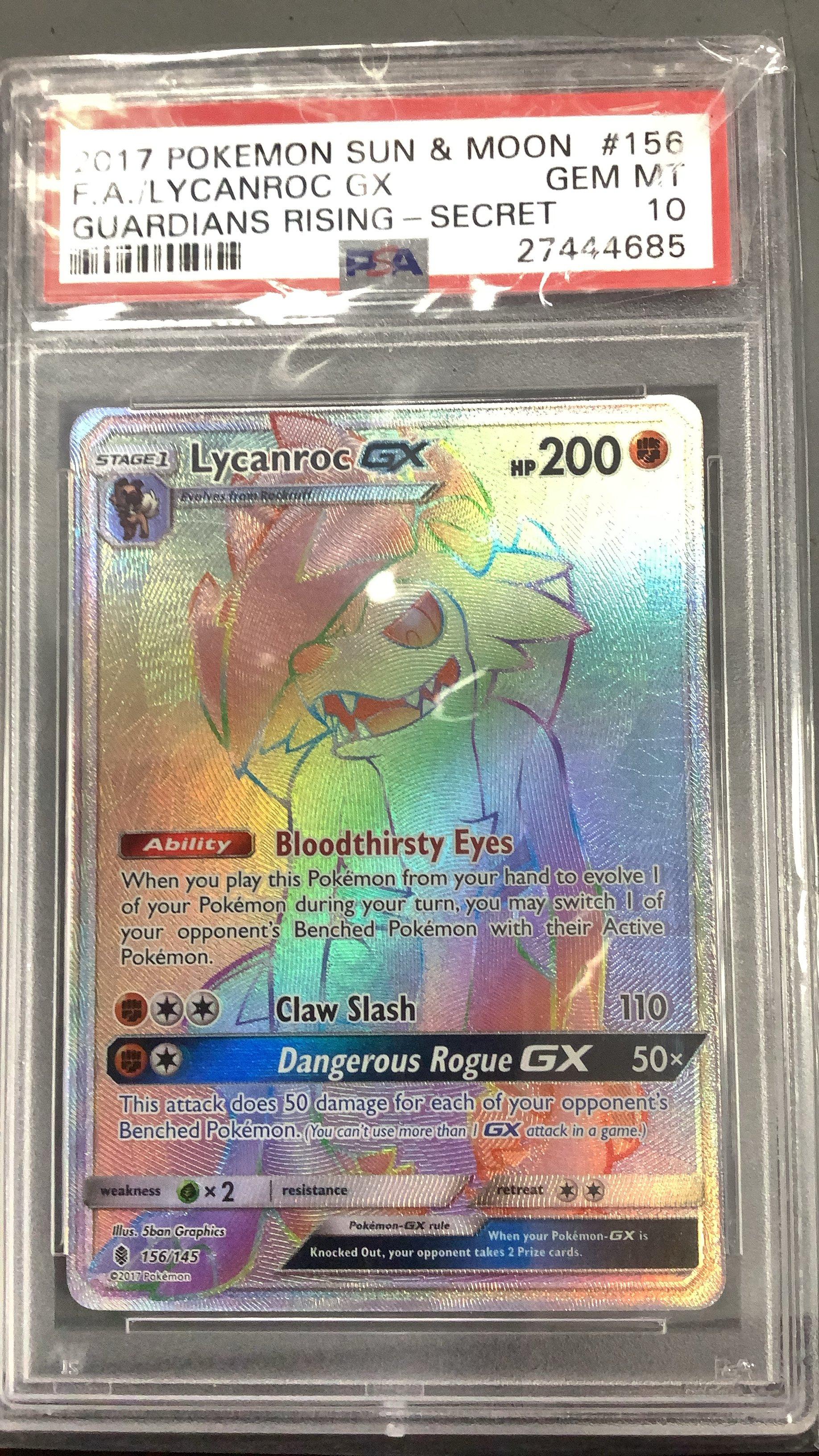 2017 Pokemon Sun & Moon Guardians Rising 156 Full Art/lycanroc Gx Secret PSA
