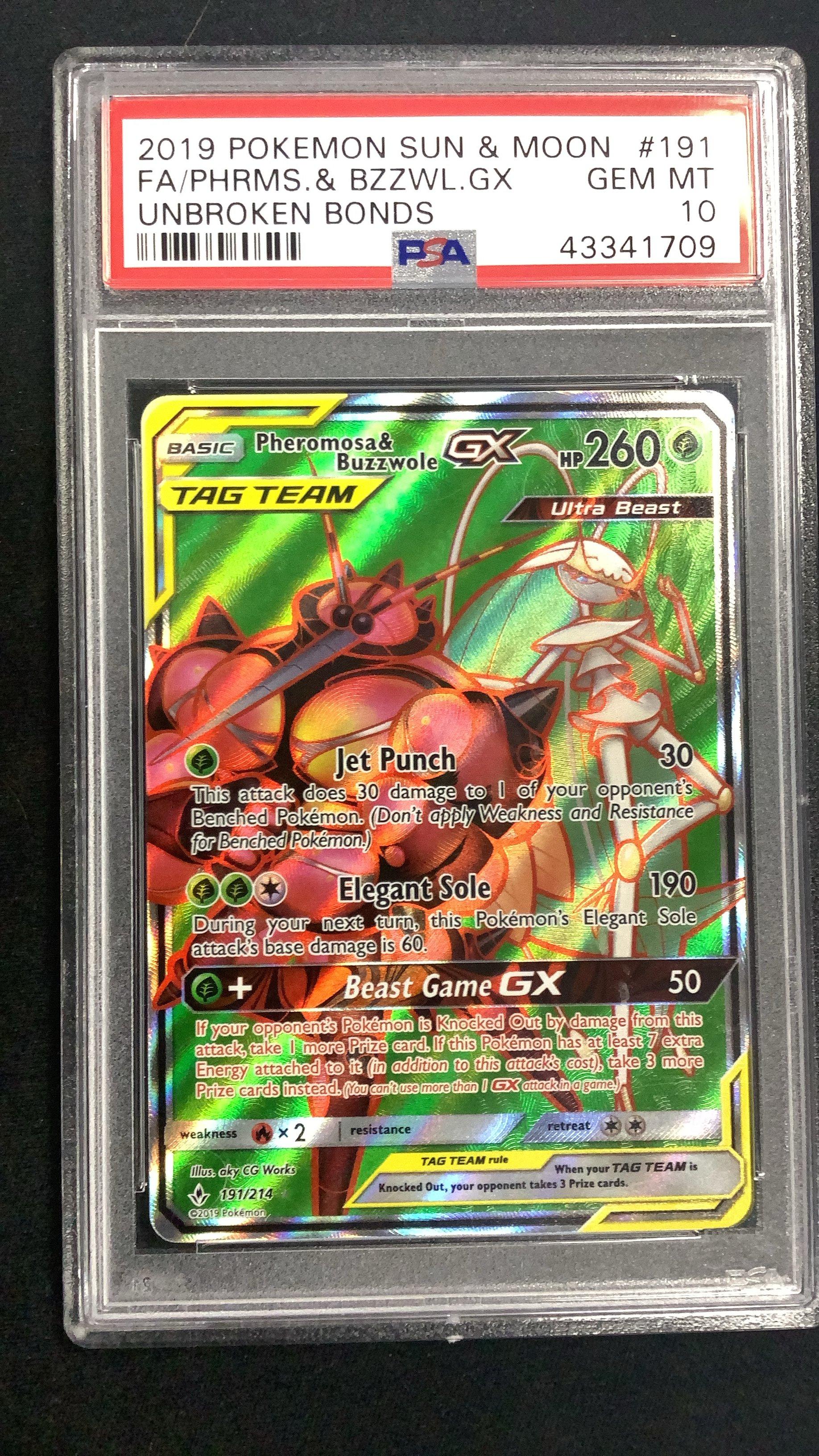 2019 Pokemon Sun & Moon Unbroken Bonds Full Art/pheromosa & Buzzwole Gx PSA 10