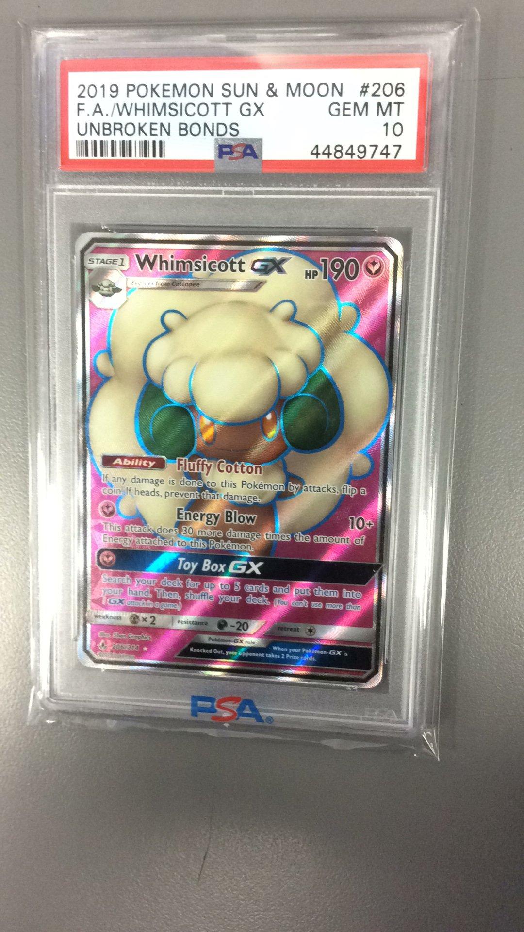 2019 Pokemon Sun & Moon Unbroken Bonds 206 Full Art/whimsicott Gx PSA 10