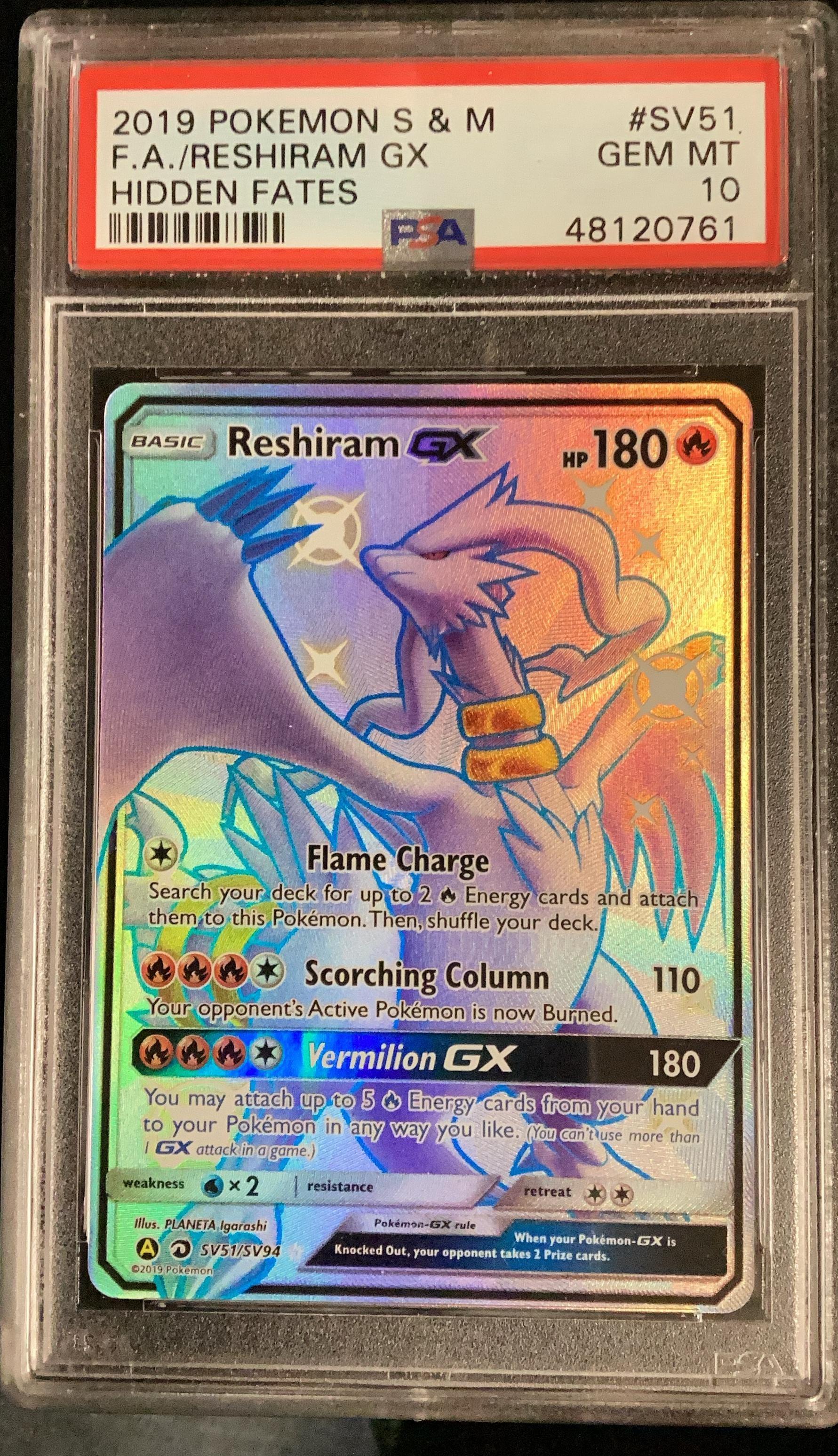 reshiram gx pokemon card 2019 Pokemon Sun & Moon Hidden Fates Sv51 Full Art/reshiram Gx PSA 10  Graded Card