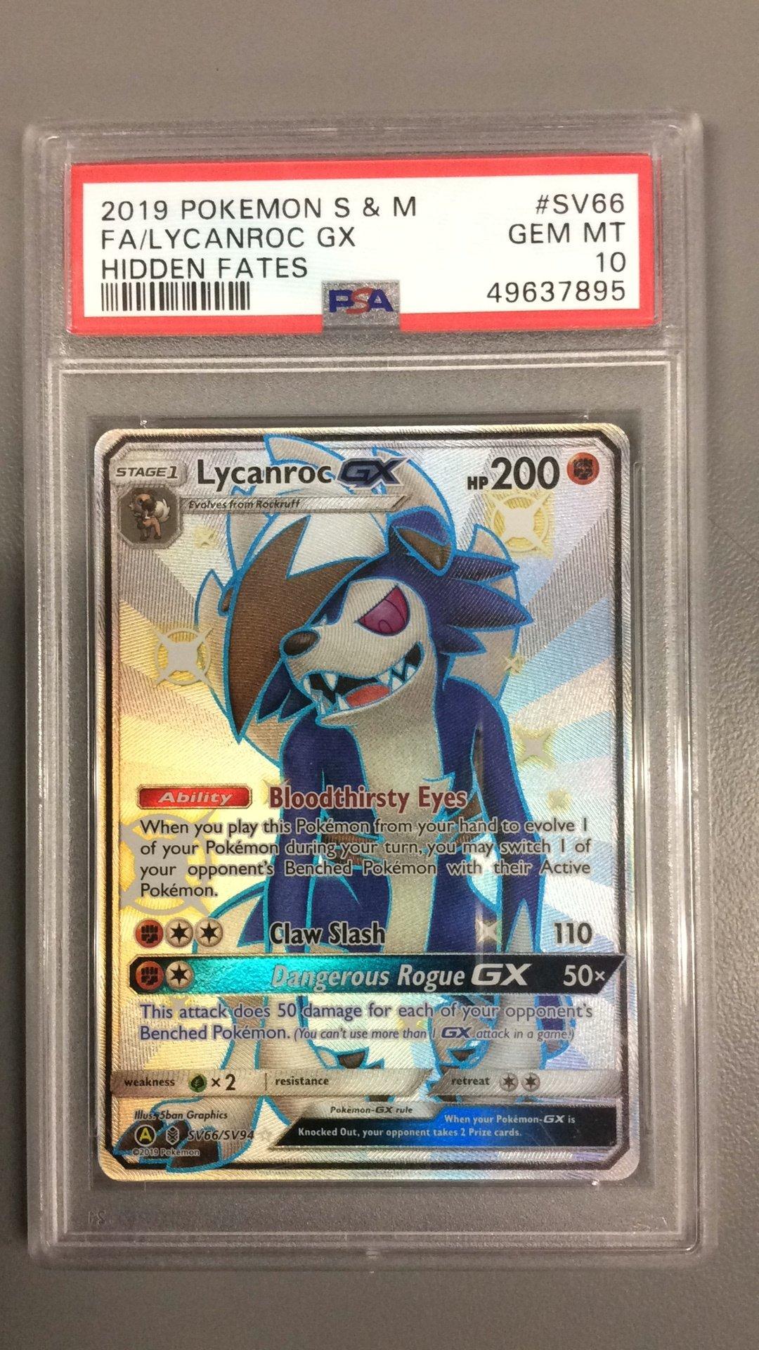 2019 Pokemon Sun & Moon Hidden Fates Sv66 Full Art/lycanroc Gx PSA