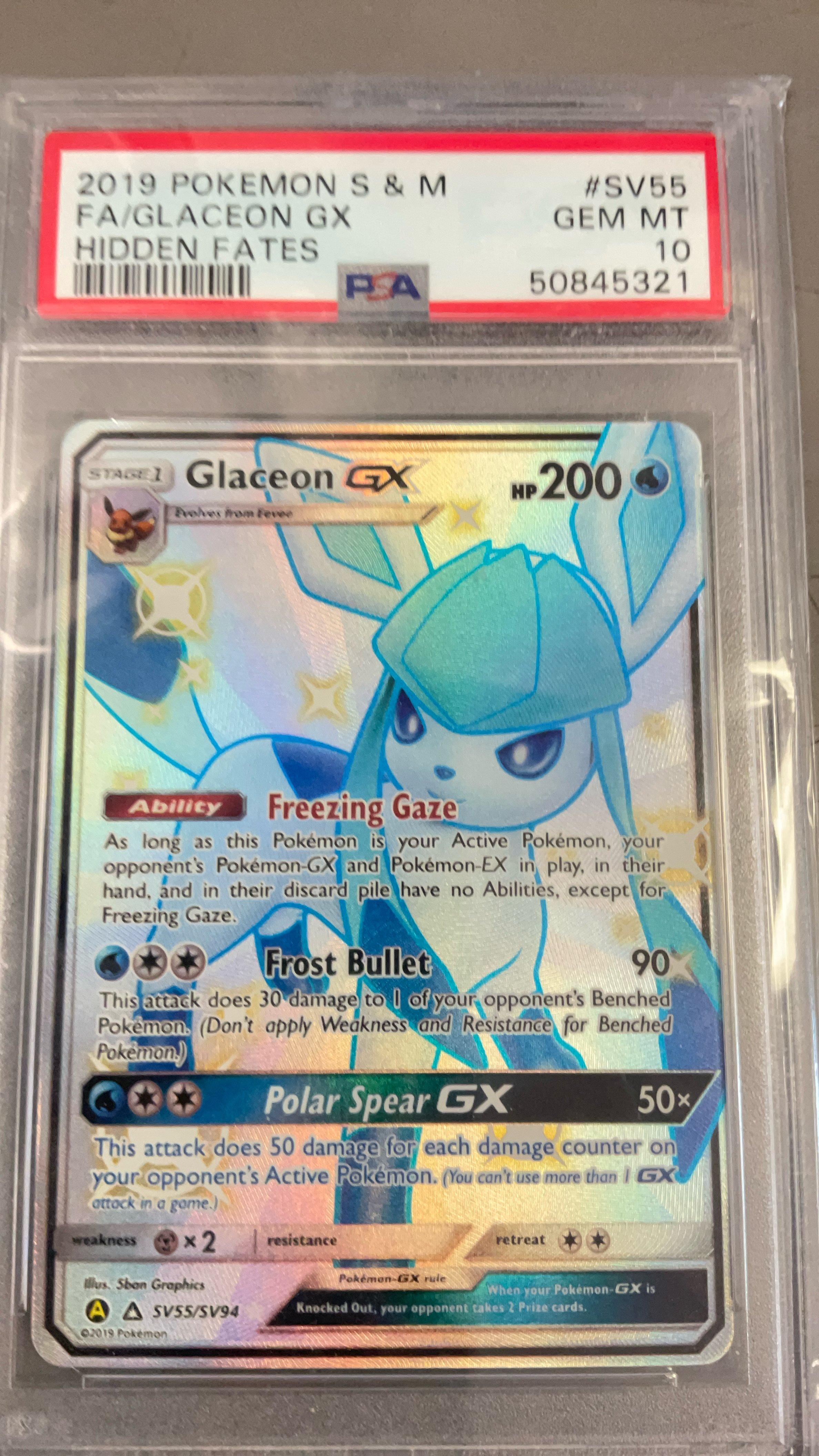 2019 Pokemon Sun & Moon Hidden Fates Sv55 Full Art/glaceon Gx PSA