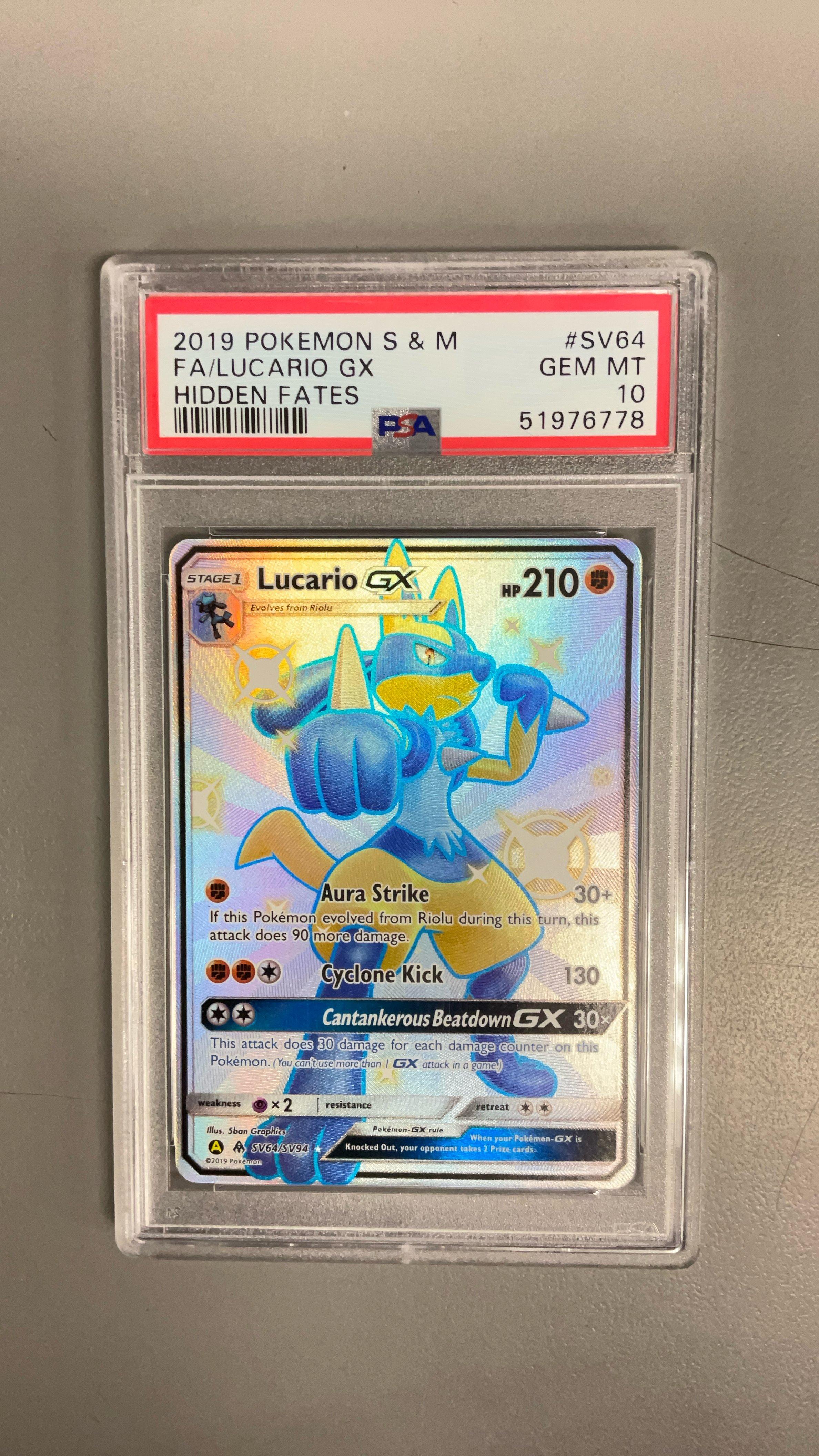 2019 Pokemon Sun & Moon Hidden Fates Sv64 Full Art/lucario Gx PSA