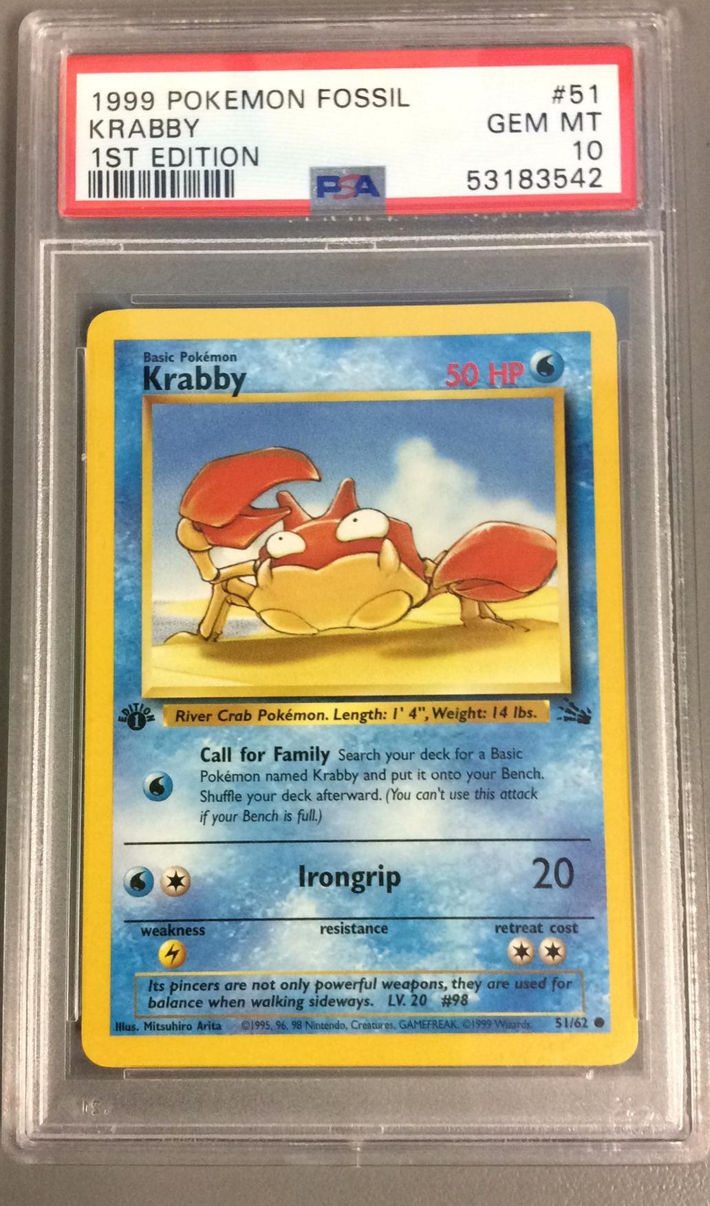 1999 Pokemon Fossil 51 Krabby 1st Edition PSA 10 Graded Card