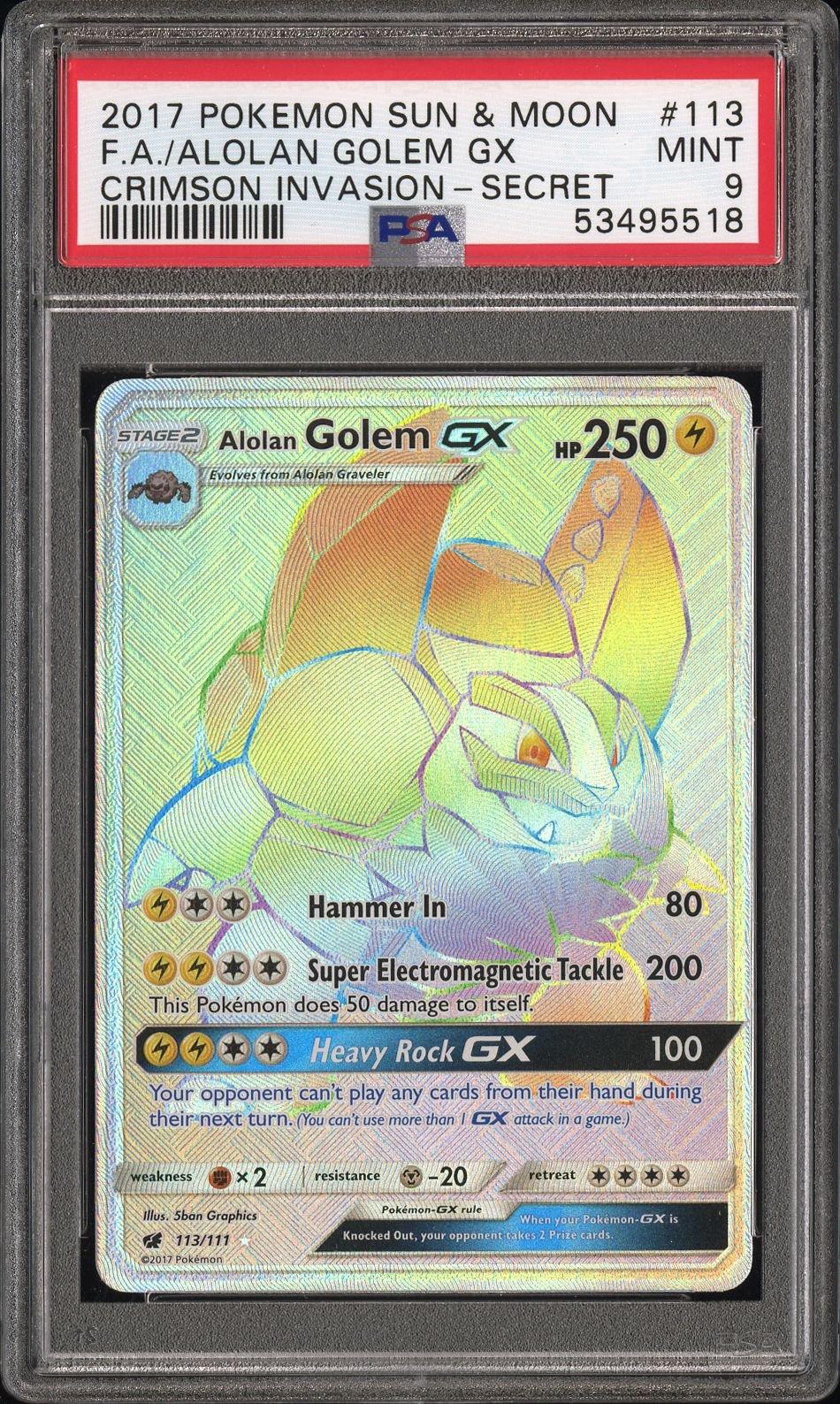 2017 Pokemon Sun & Moon Crimson Invasion 113 Full Art/alolan Golem Gx  Secret PSA 9 Graded Card | GameStop