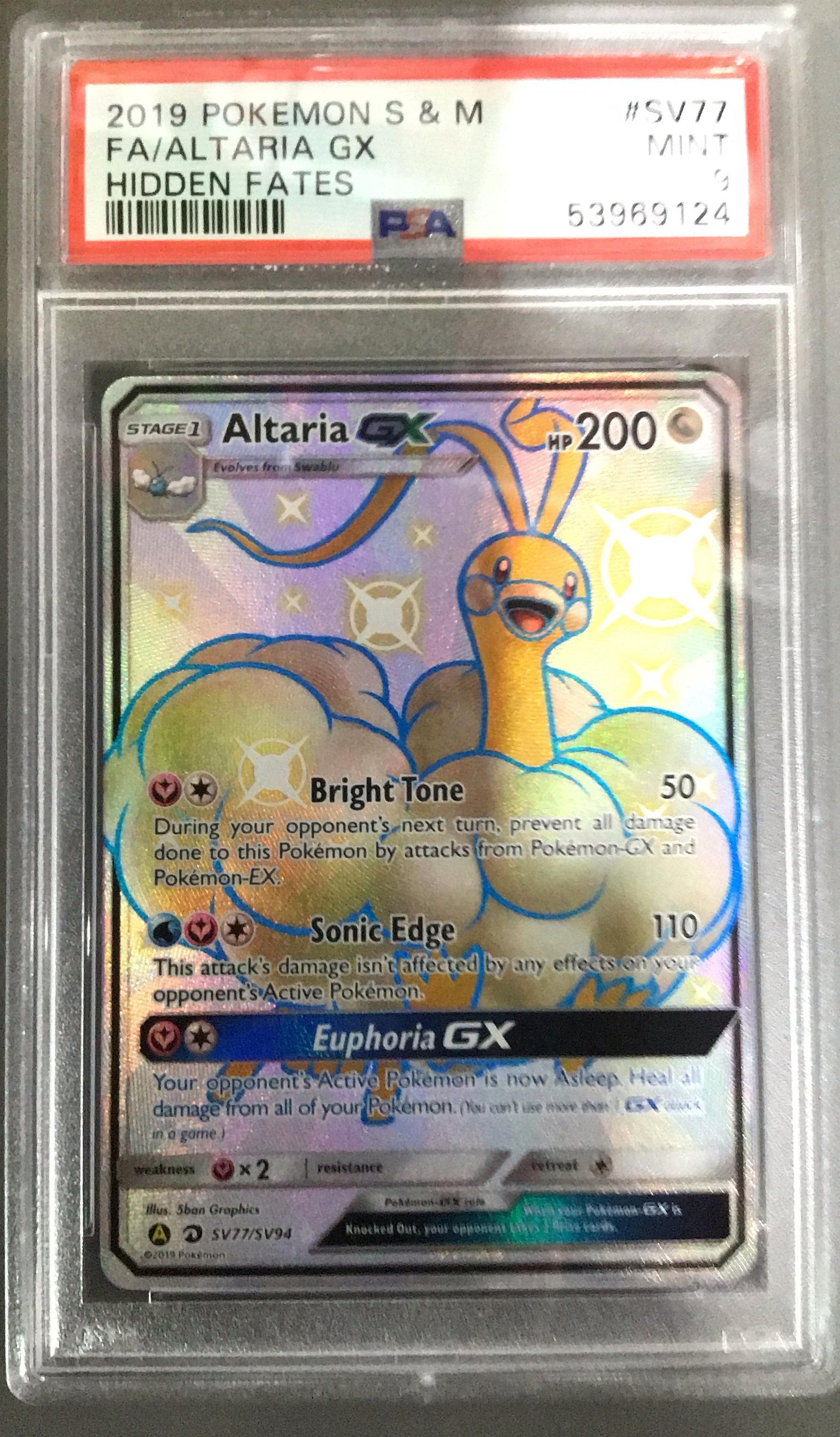 2019 Pokemon Sun & Moon Hidden Fates Sv77 Full Art/altaria Gx PSA 9