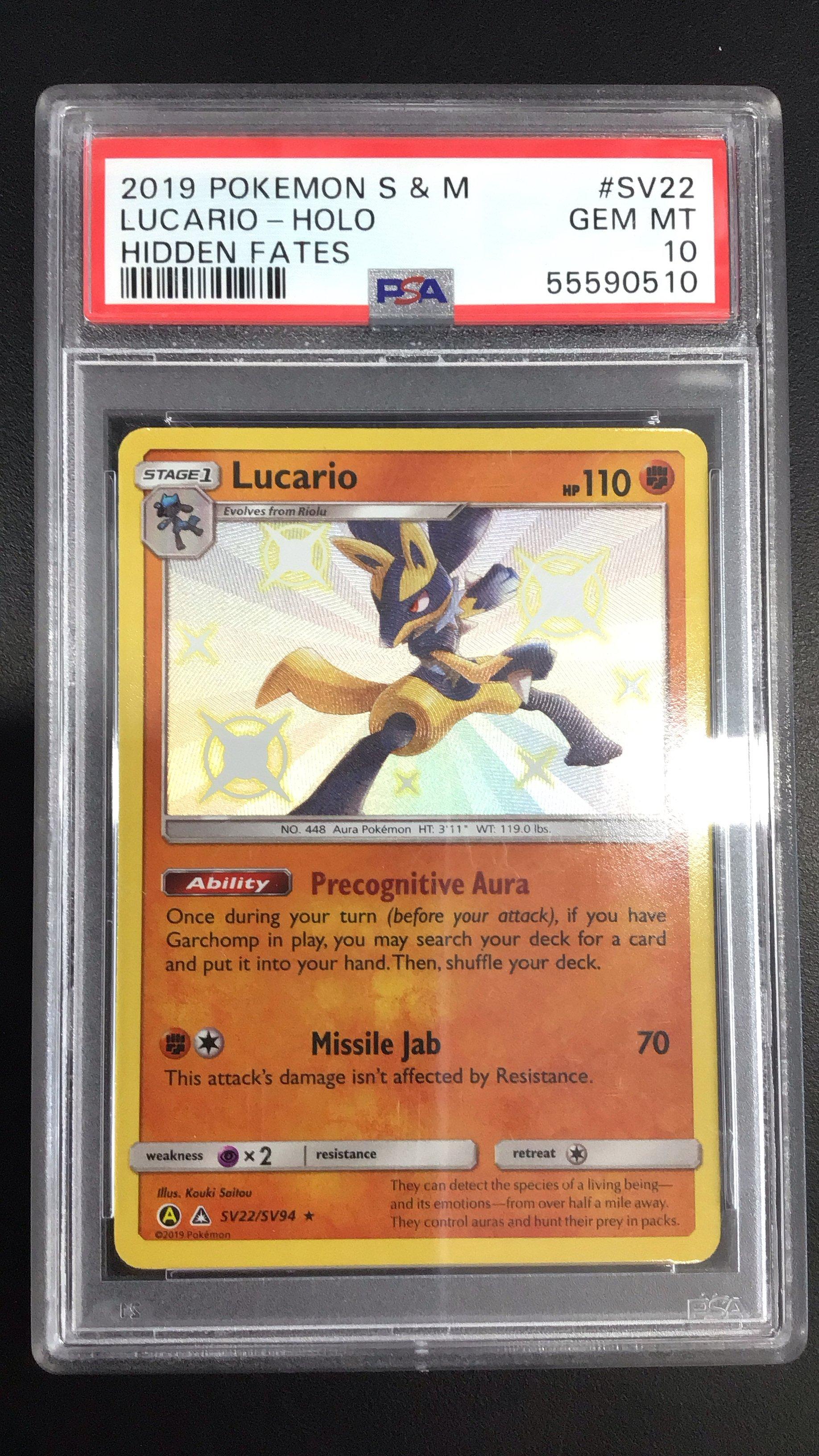 2019 Pokemon Sun & Moon Hidden Fates Sv22 Lucario-holo PSA 10