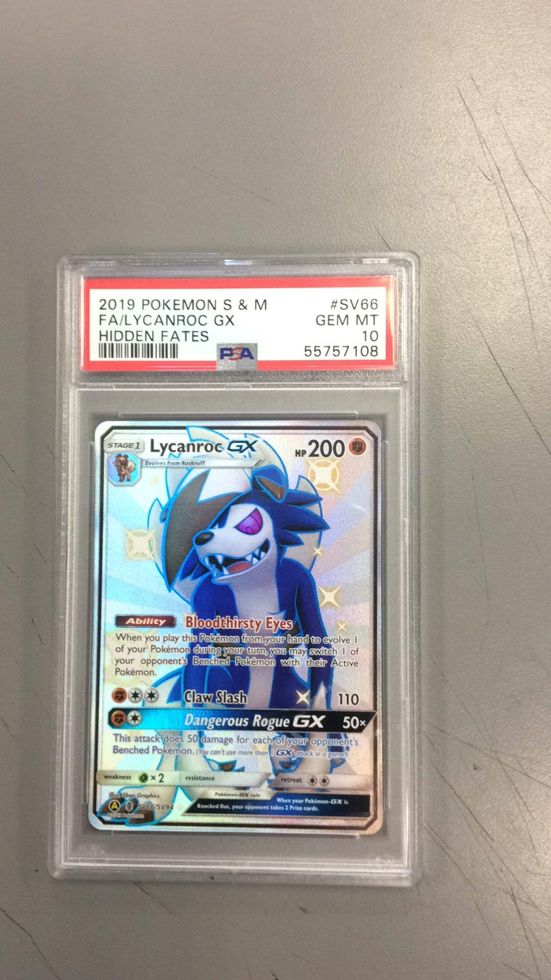2019 Pokemon Sun & Moon Hidden Fates Sv66 Full Art/lycanroc Gx PSA