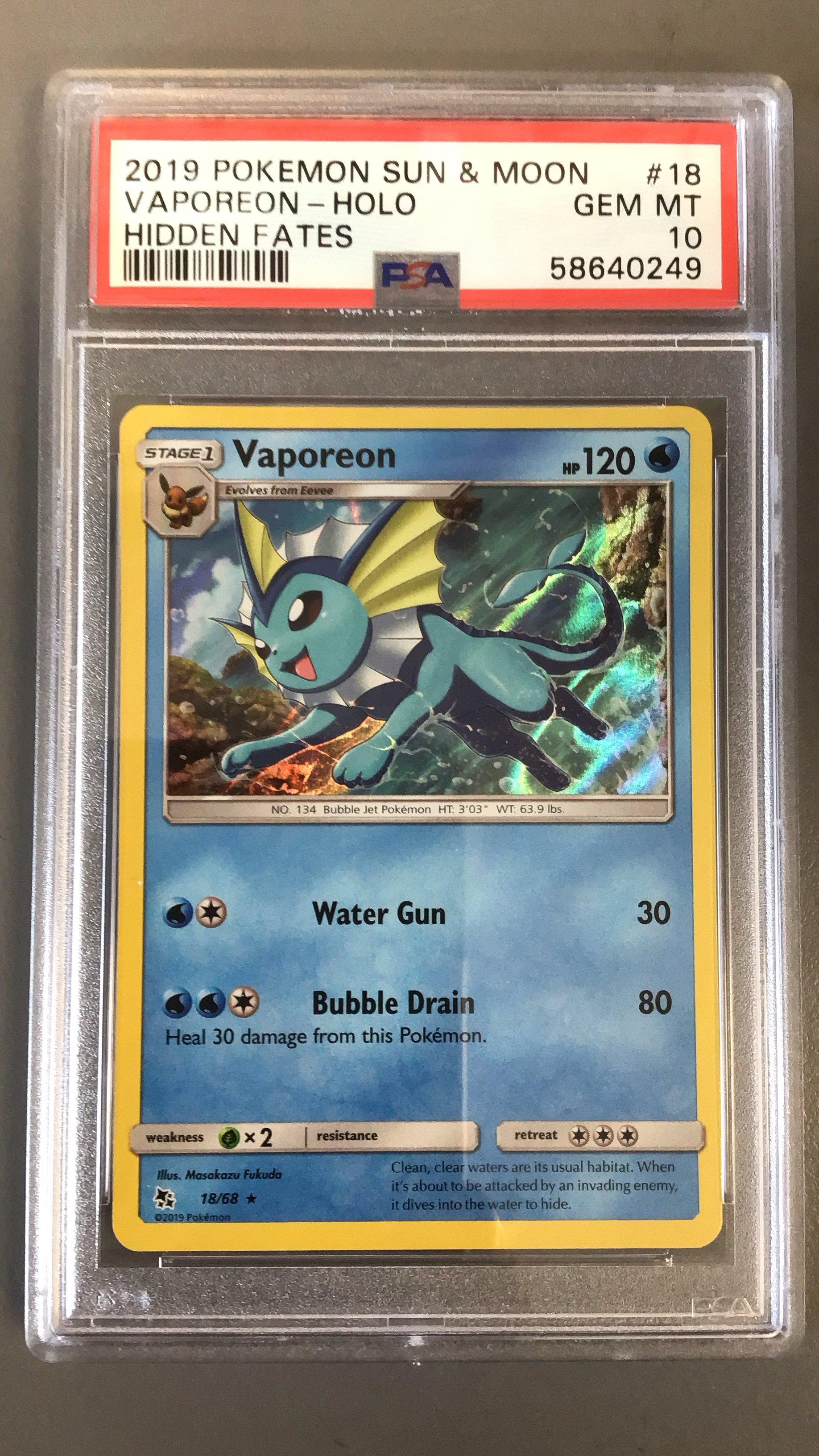 2019 Pokemon Sun & Moon Hidden Fates 18 Vaporeon-holo PSA 10
