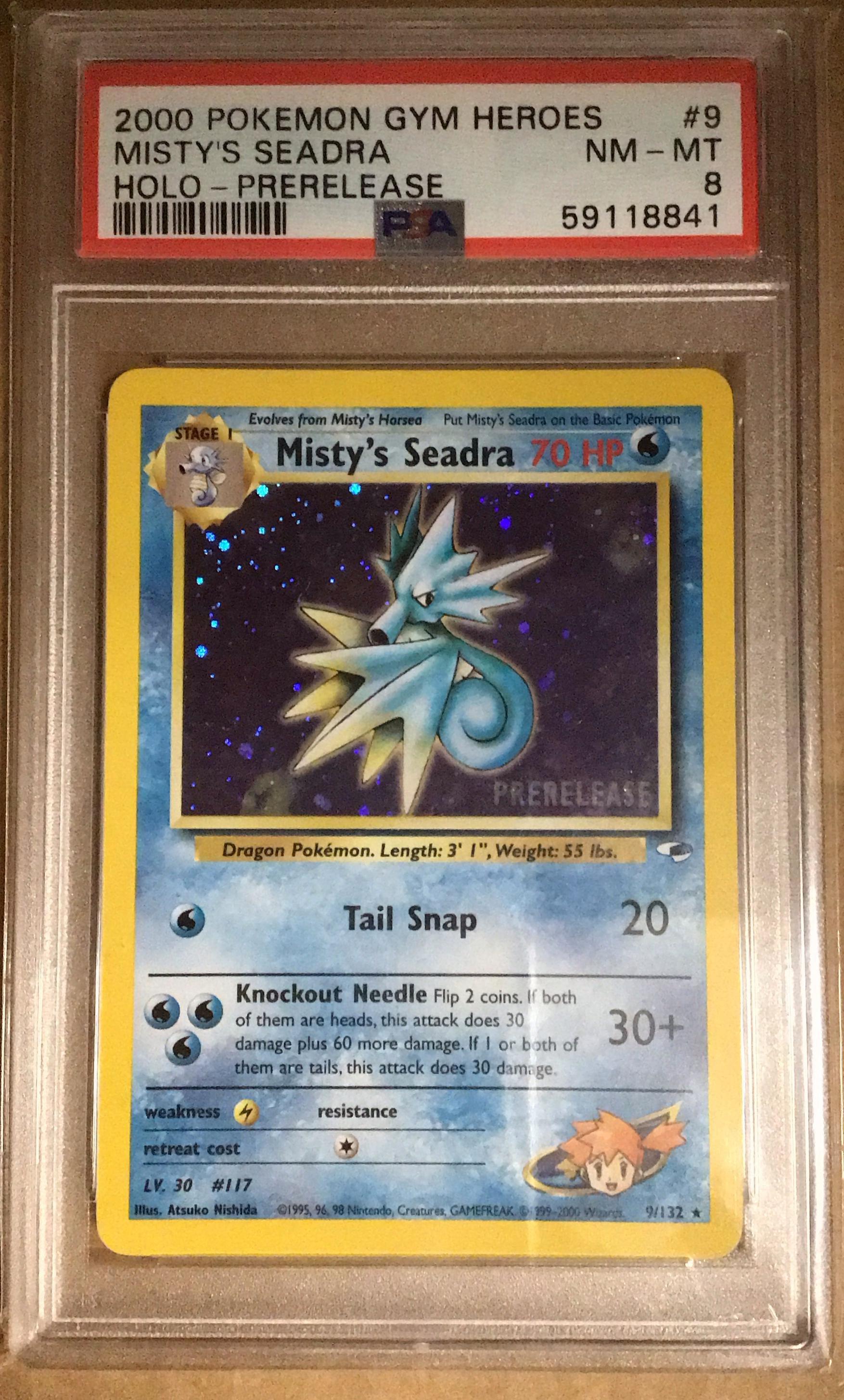2000 Pokemon Gym Heroes 9 Misty's Seadra Holo-prerelease PSA 8