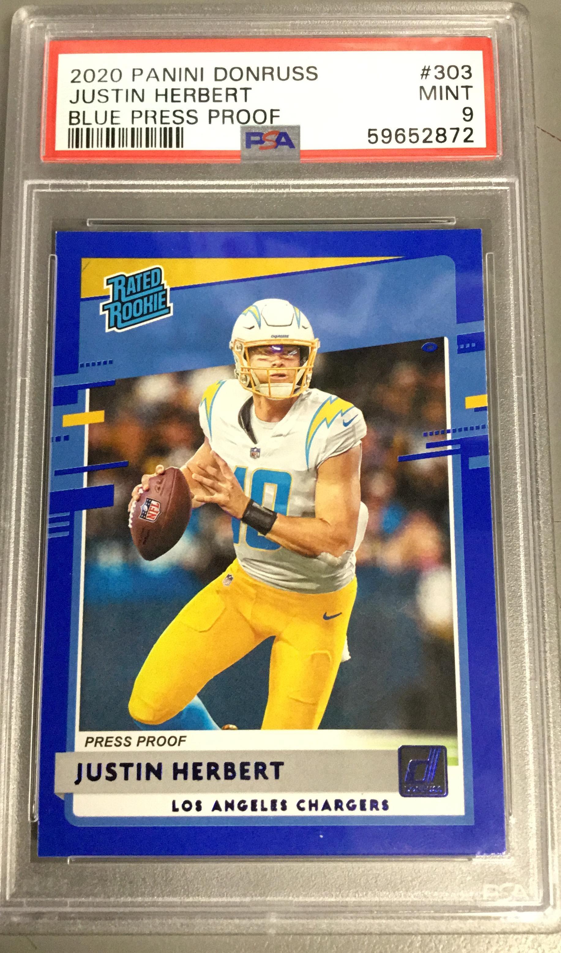 2020 Panini Donruss 303 Justin Herbert Blue Press Proof PSA 9