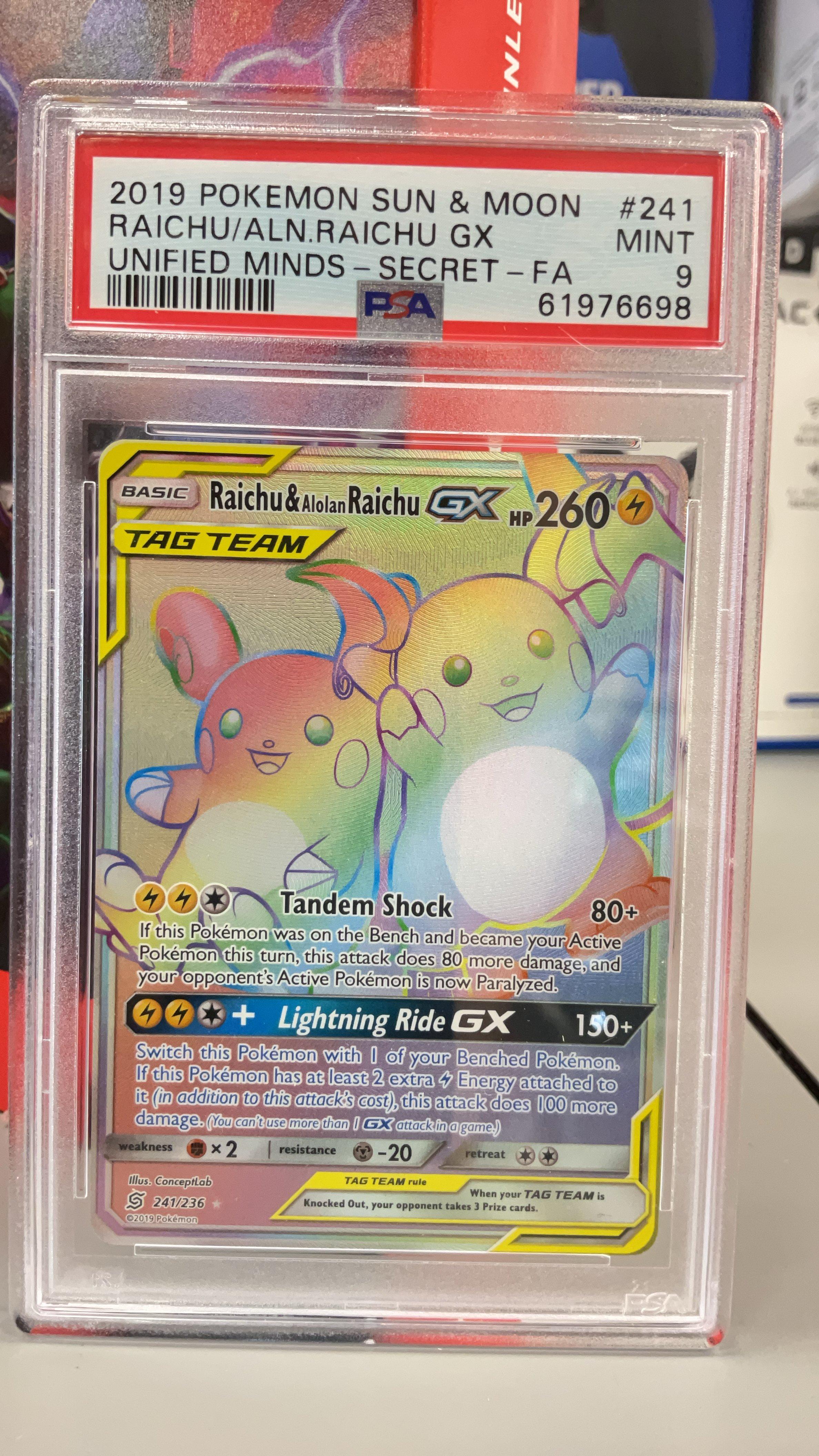 2019 Pokemon Sun & Moon Unified Minds 241 Full Art/raichu & Alolan Raichu Gx Secret PSA 9