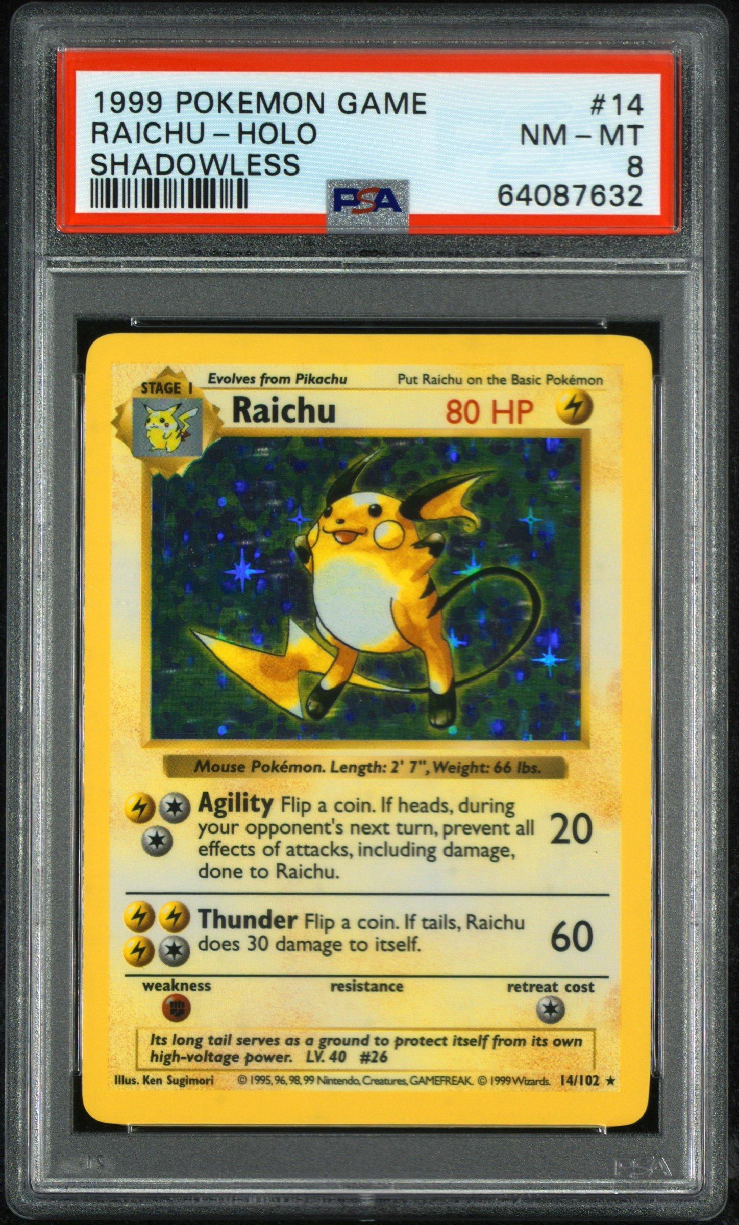 1999 Pokemon Game 14 Raichu-holo Shadowless PSA 8 Graded Card