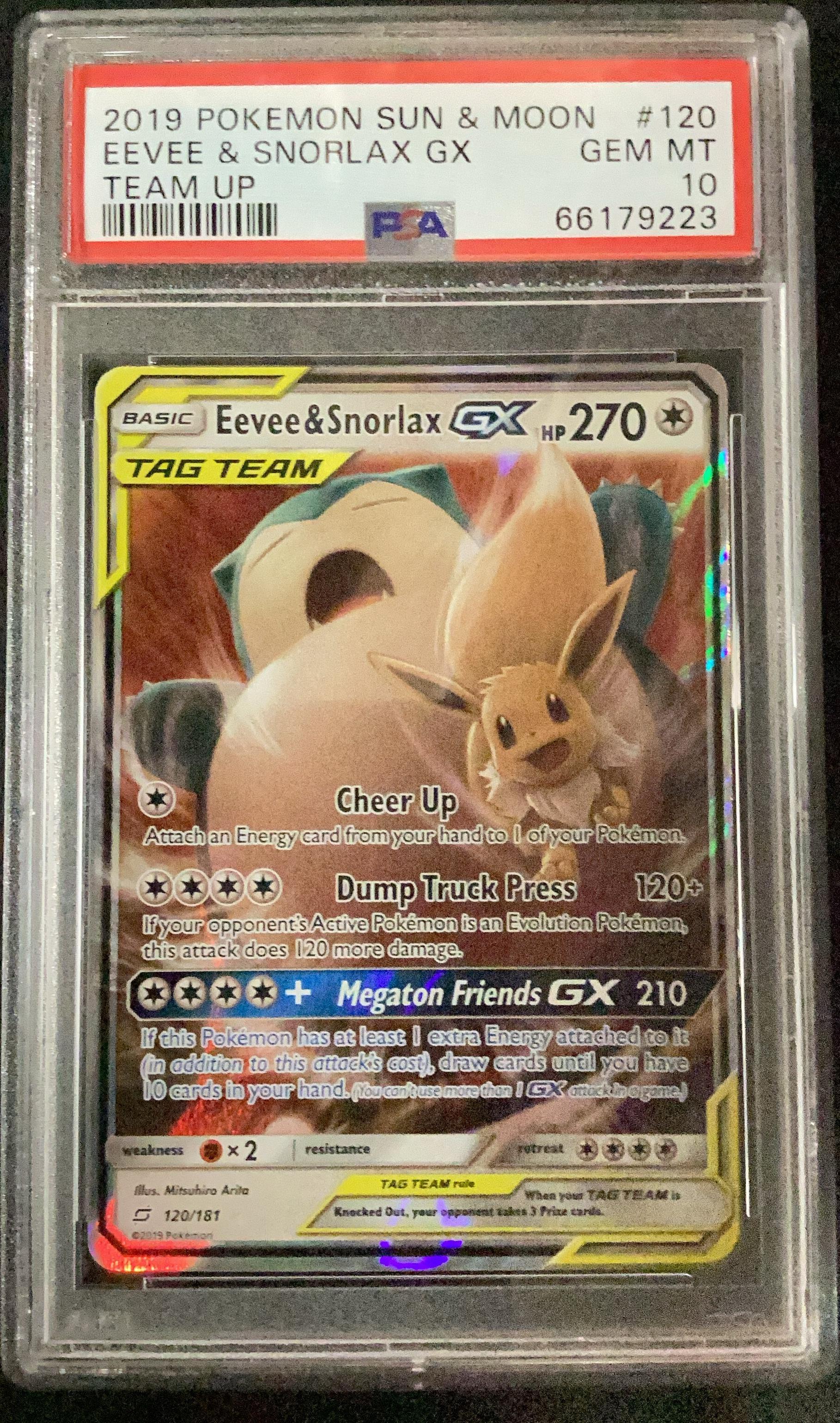 2019 Pokemon Sun & Moon Team Up 120 Eevee & Snorlax Gx PSA 10