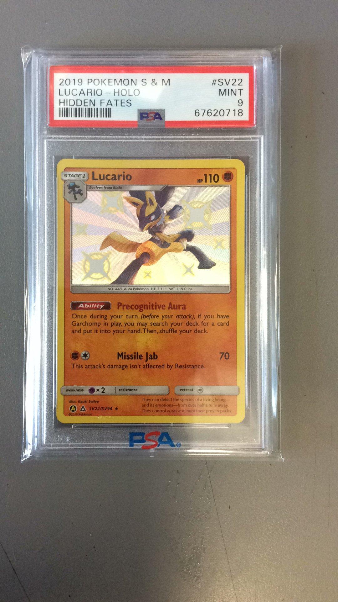 lucario holographic card 2019 Pokemon Sun & Moon Hidden Fates Sv22 Lucario-holo PSA 9