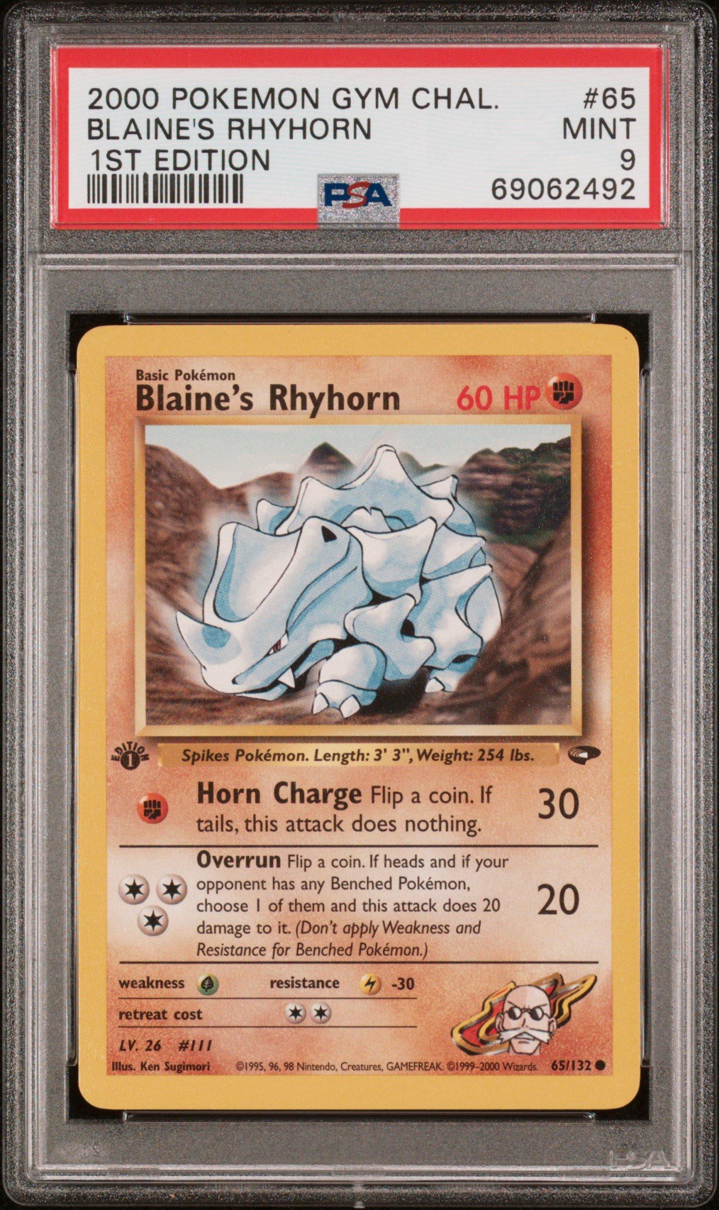 1995 rhyhorn pokemon card 2000 Pokemon Gym Challenge 65 Blaine's Rhyhorn 1st Edition PSA 9 Graded Card