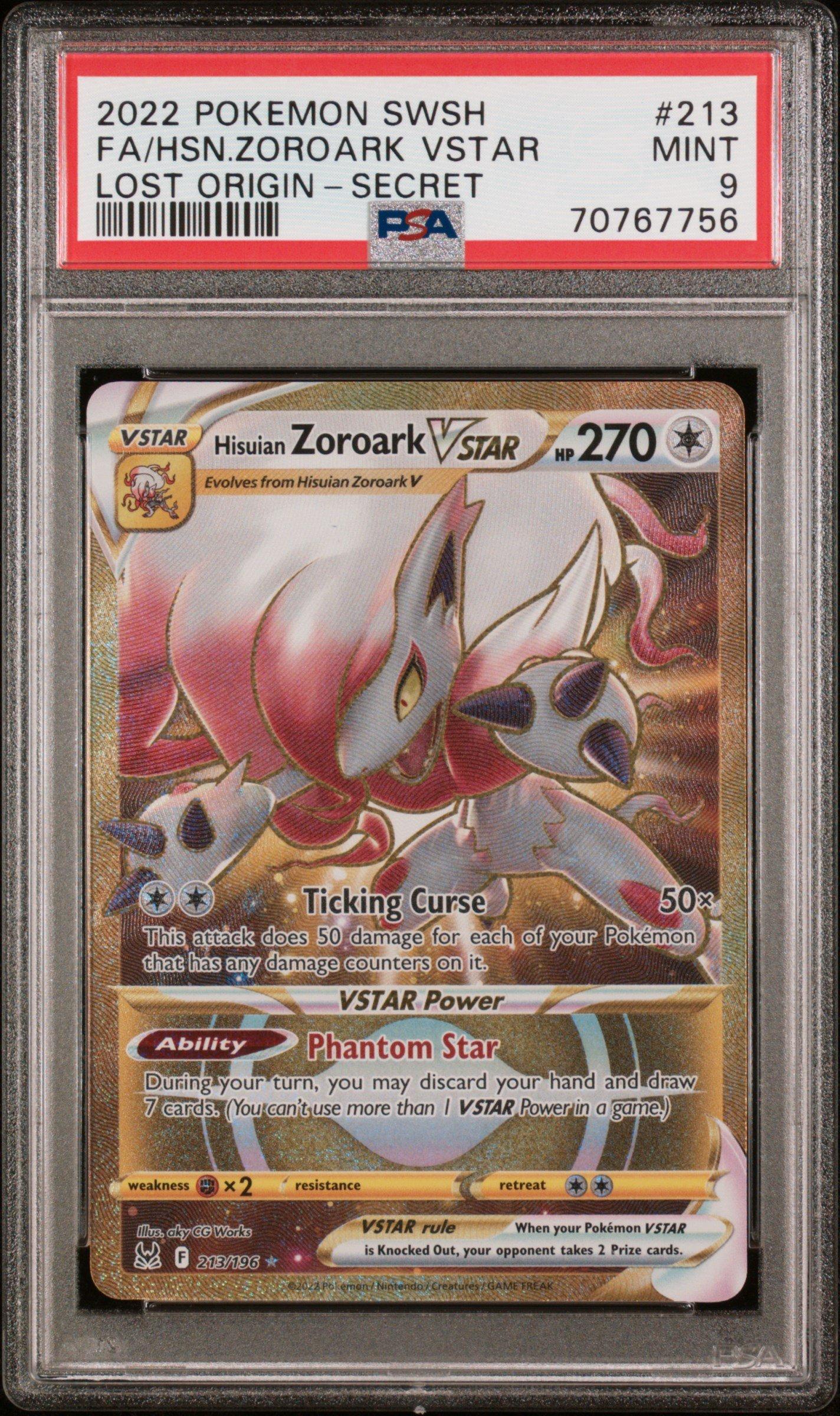 zoroark vstar pokemon card value 2022 Pokemon Sword & Shield Lost Origin 213 Full Art/hisuian Zoroark Vstar  Secret PSA 9 Graded Card