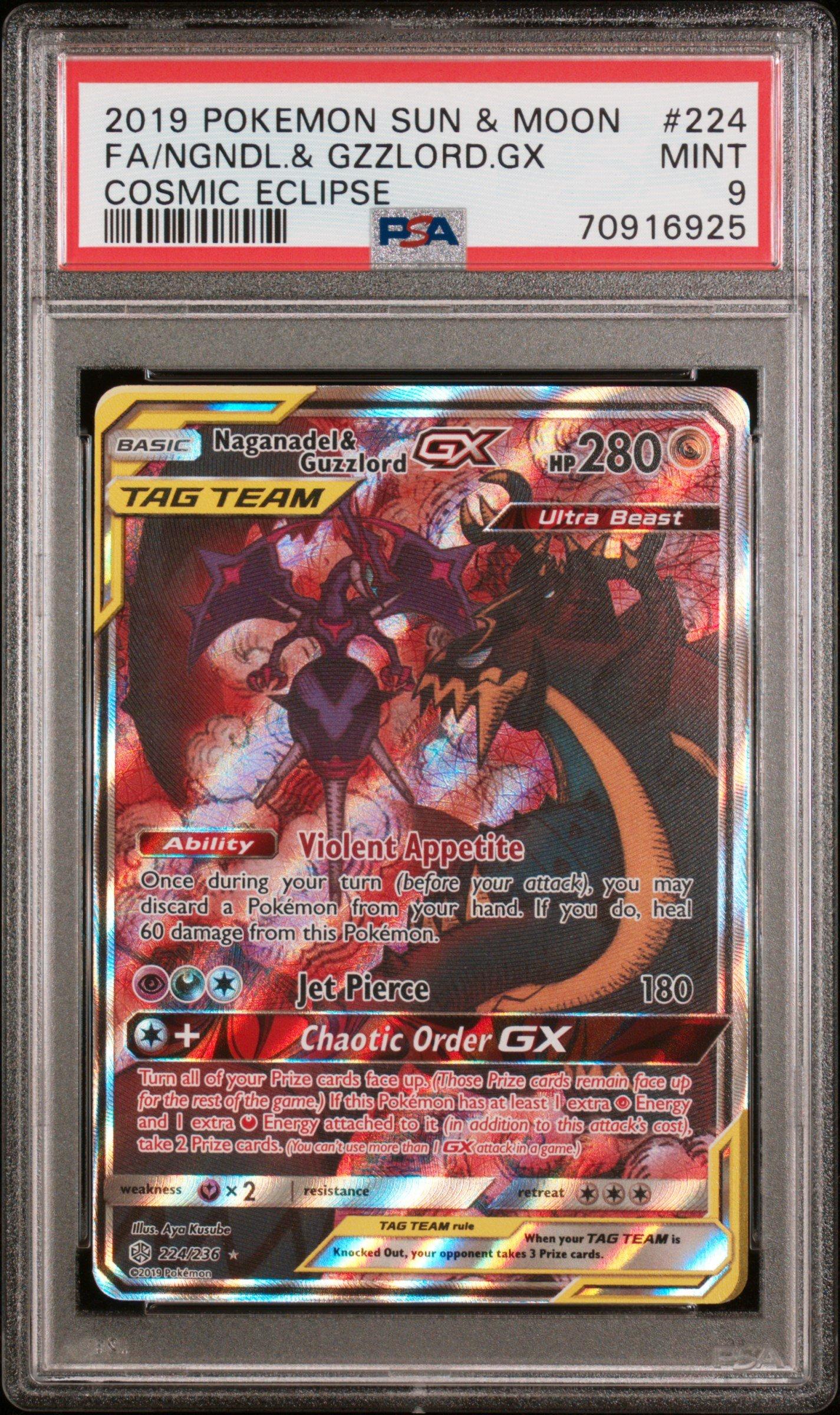 2019 Pokemon Sun & Moon Cosmic Eclipse 224 Fa/ngndl.& Gzzlord.gx PSA 9