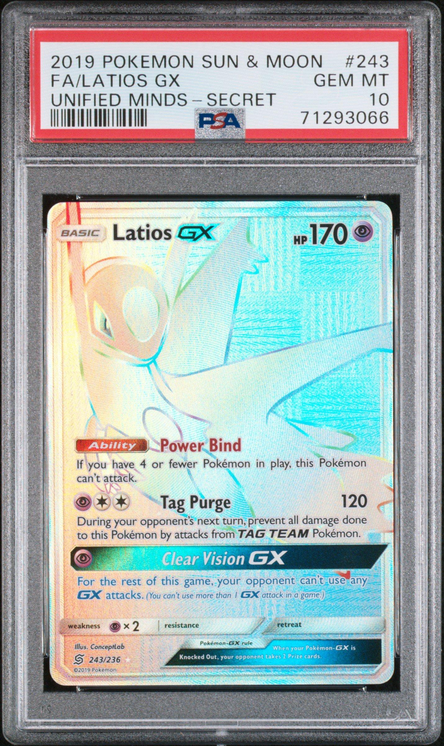 2019 Pokemon Sun & Moon Unified Minds 243 Full Art/latios Gx Secret PSA 10