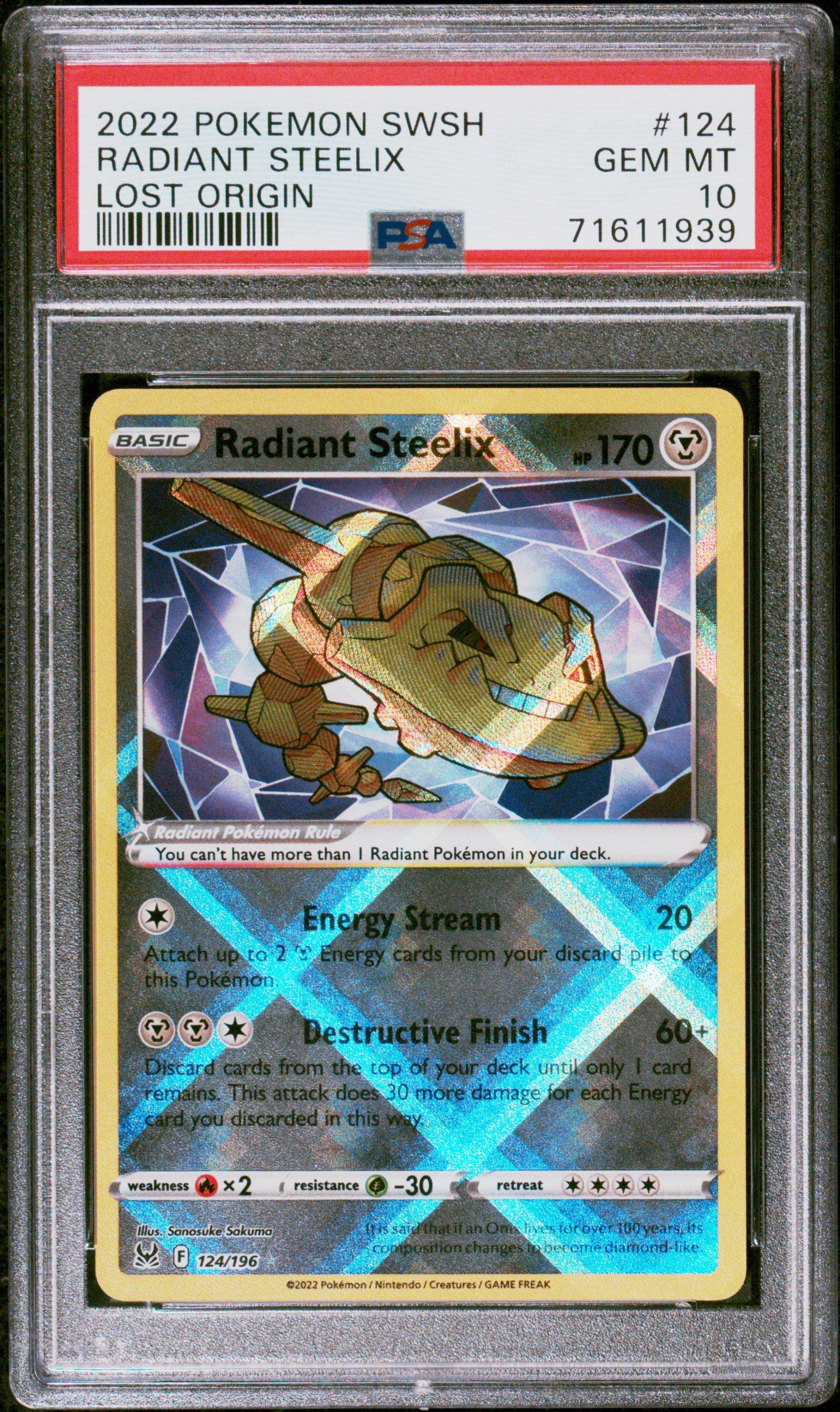 radiant steelix pokemon card eBay Auction Item 286276620464 TCG Cards 2022 Sword & Shield Lost Origin Honor the incredible history of the TCG hobby by adding this Radiant Steelix 2022 Pokemon Lost Origin Radiant Rare #124 PSA Authenticated 10 Card to your vault Pokemon Lost Origin Radiant Steelix