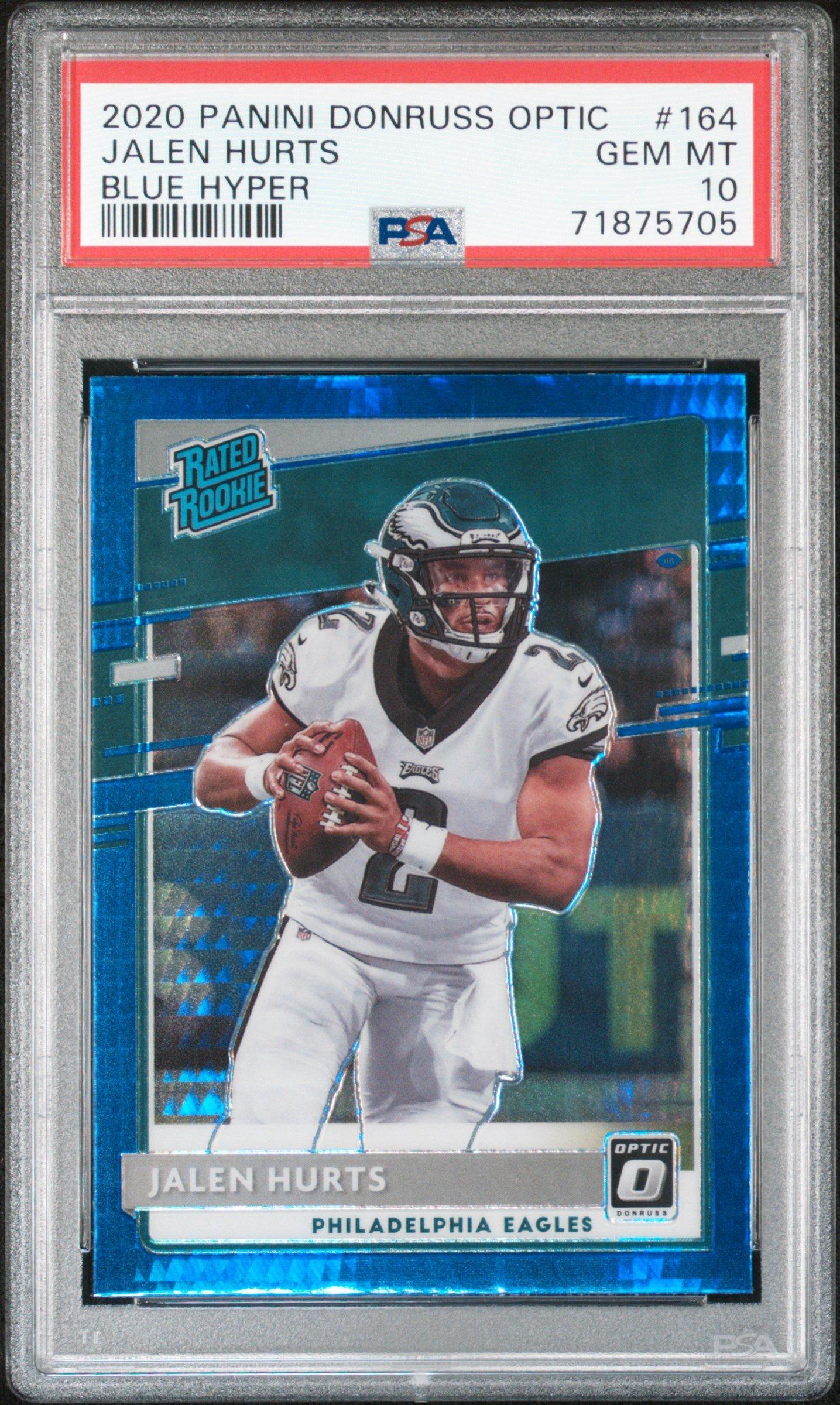 2020 Panini factory Donruss Optic 164 Jalen Hurts Blue Hyper PSA 8