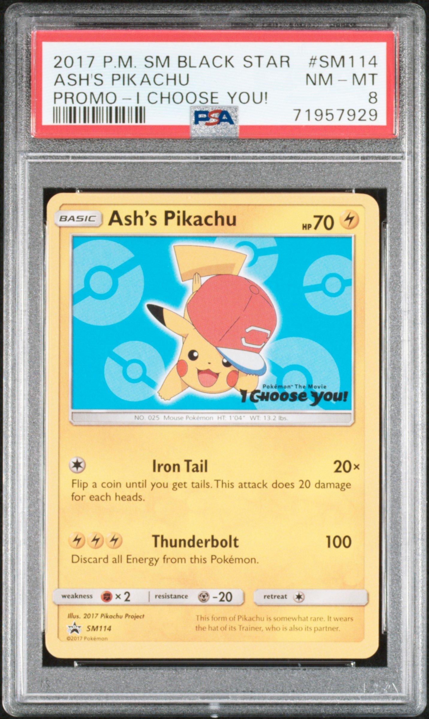 pokemon i choose you ash's pikachu card 2017 Pokemon Sm Black Star Promo Sm114 Ash's Pikachu I Choose You! PSA 8  Graded Card