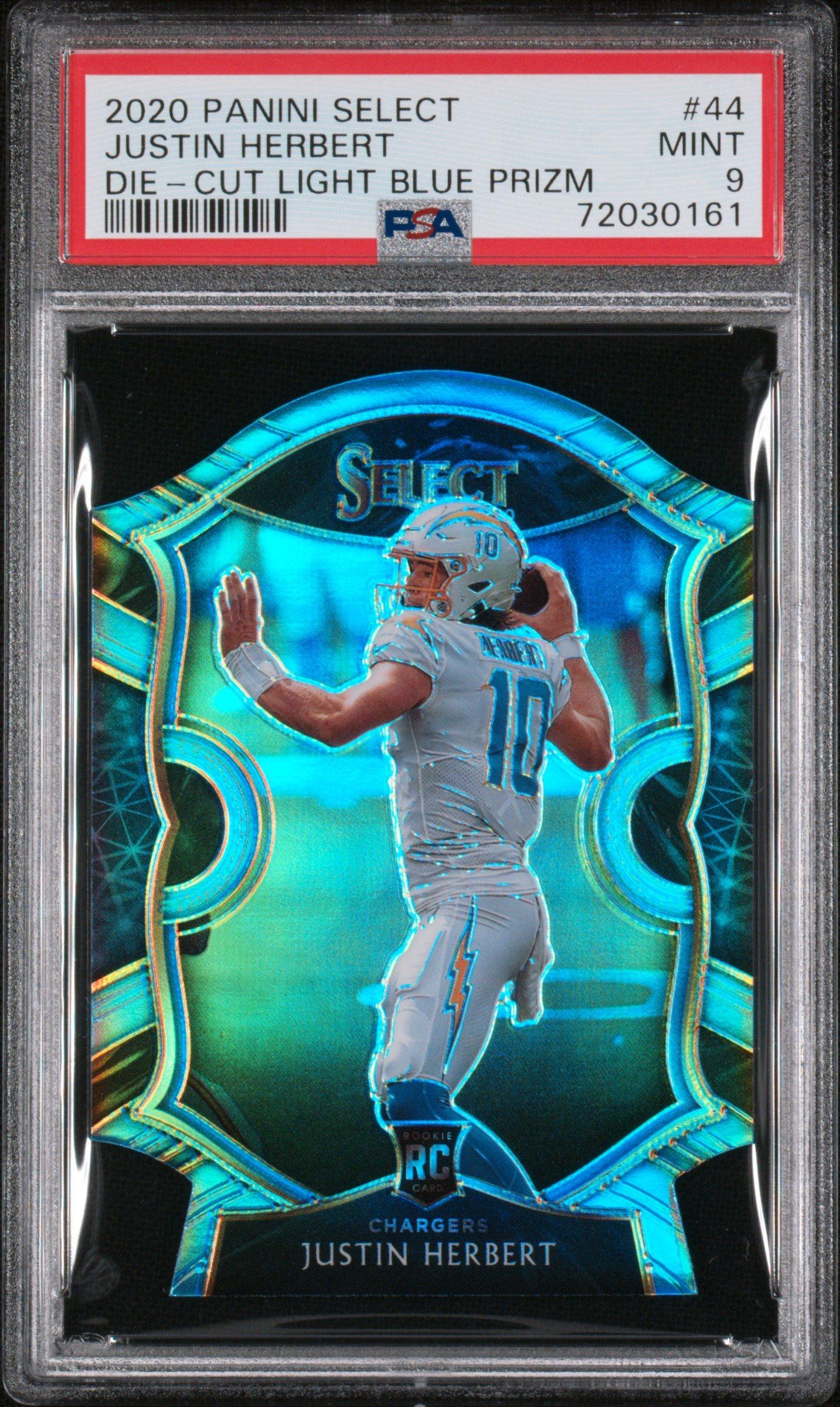 2020 Panini Select 44 Justin Herbert Die-cut Light Blue Prizm PSA 9