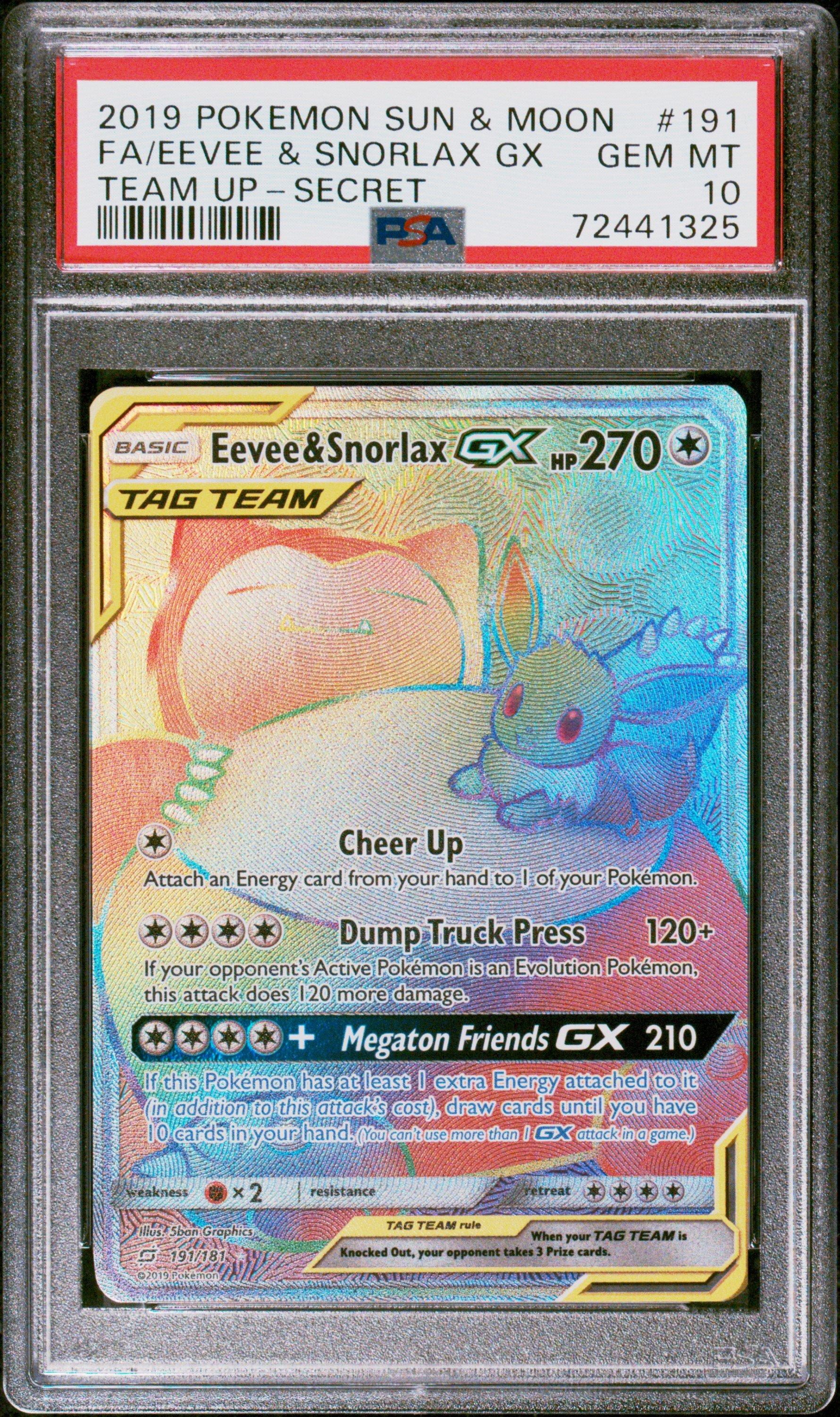 2019 Pokemon Sun & Moon Team Up 191 Full Art/eevee & Snorlax Gx Secret PSA 10