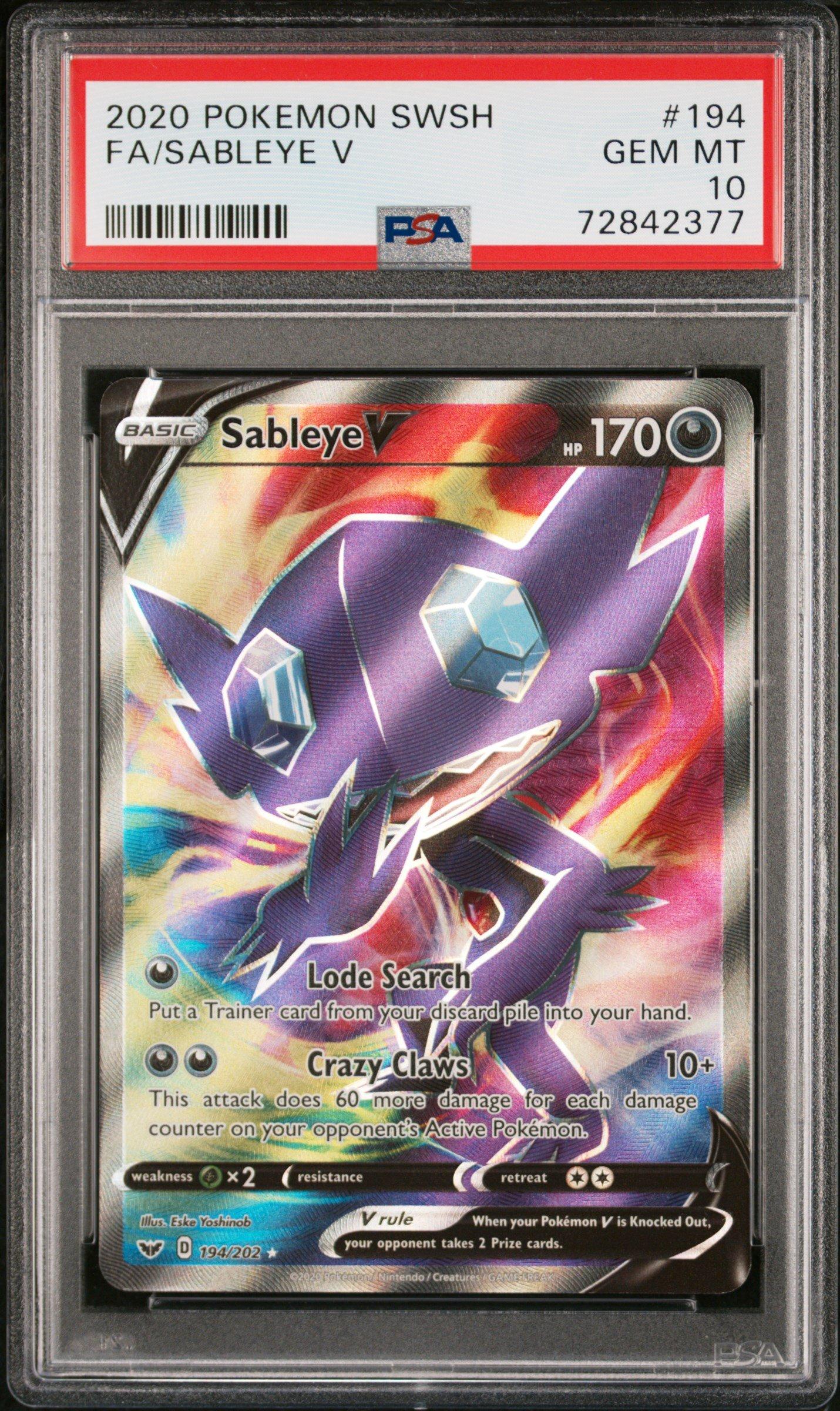 2020 Pokemon Sword & Shield 194 Full Art/sableye V PSA 10 Graded