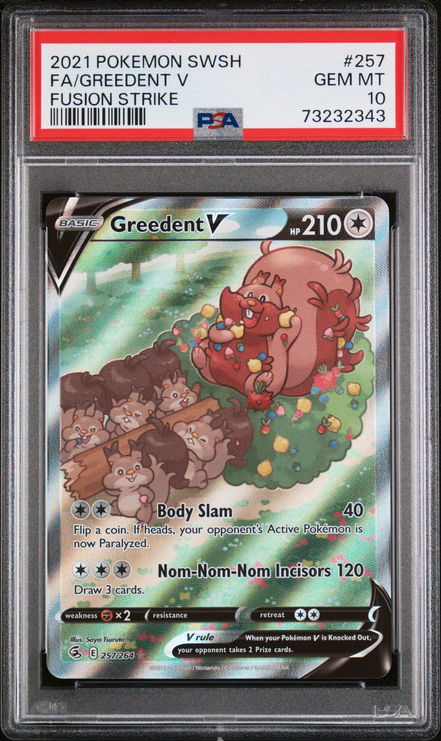 2021 Pokemon Sword & Shield Fusion Strike 257 Full Art/greedent V PSA 10