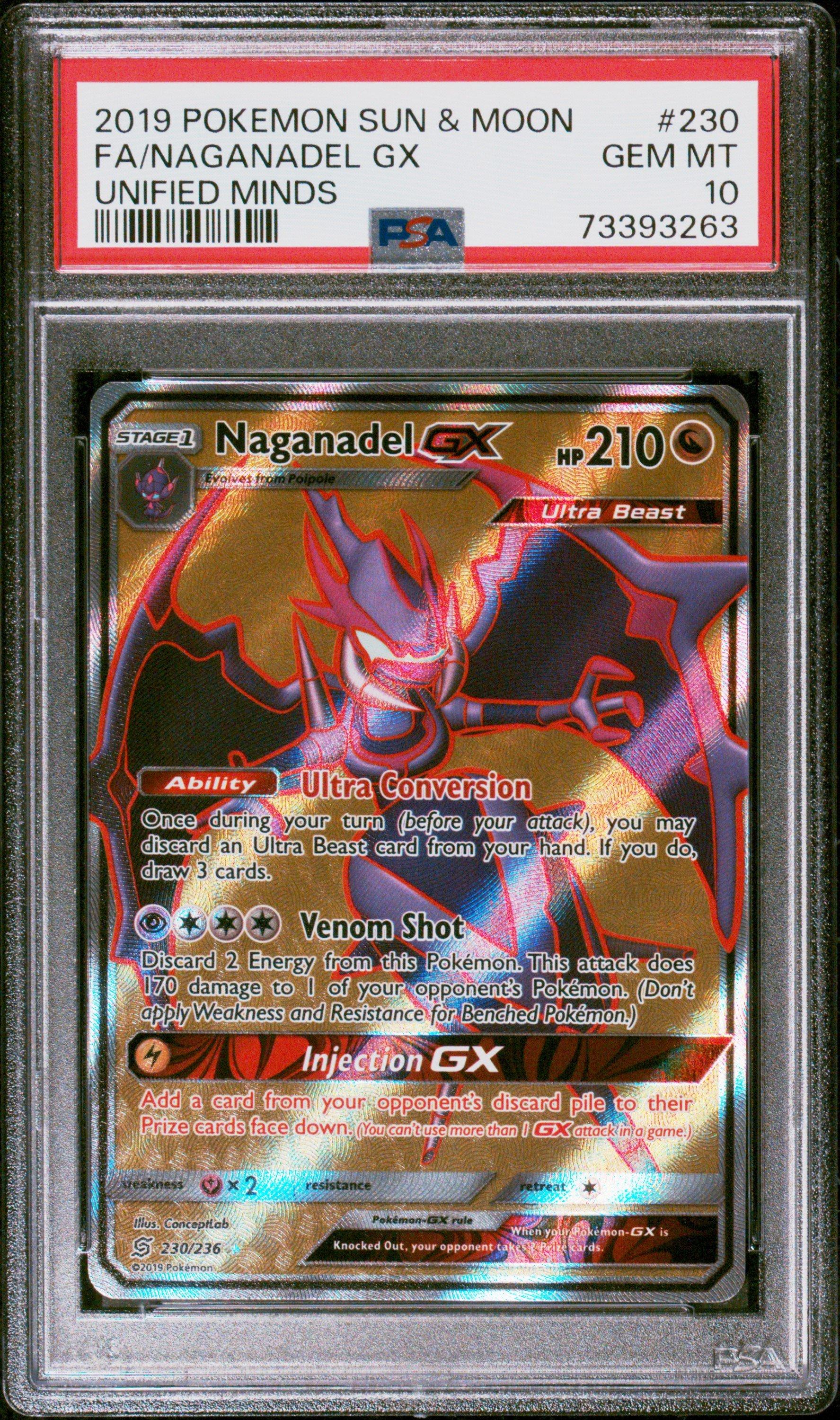 2019 Pokemon Sun & Moon Unified Minds 230 Full Art/naganadel Gx PSA 10
