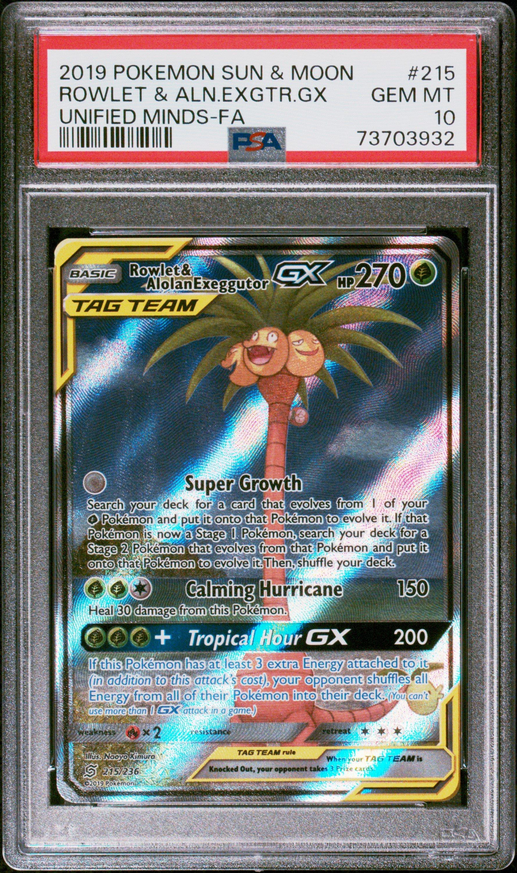 2019 Pokemon Sun & Moon Unified Minds 215 Full Art/rowlet & Alolan Exeggutor Gx PSA