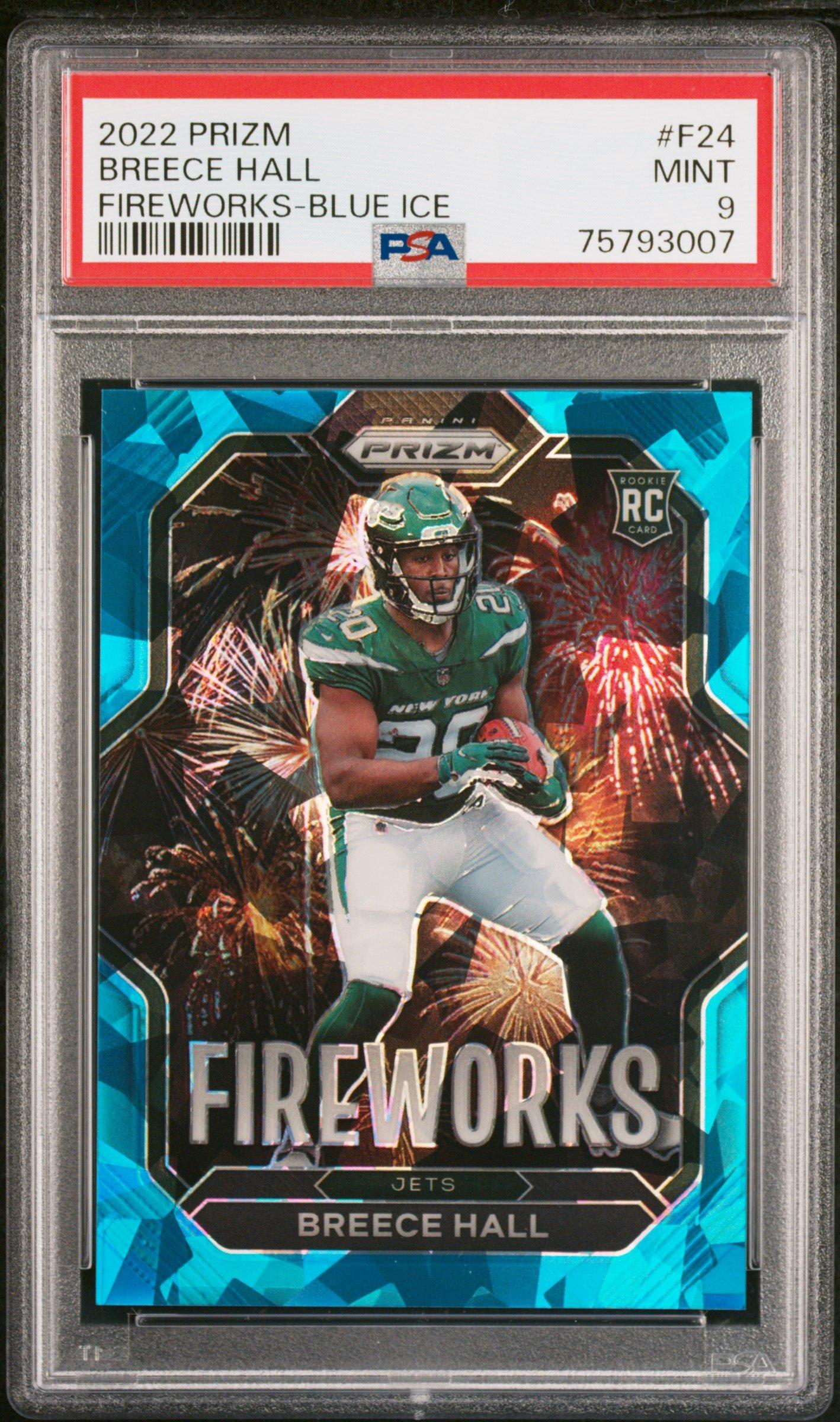 2022 Panini Prizm Fireworks F24 Breece Hall Blue Ice PSA 9
