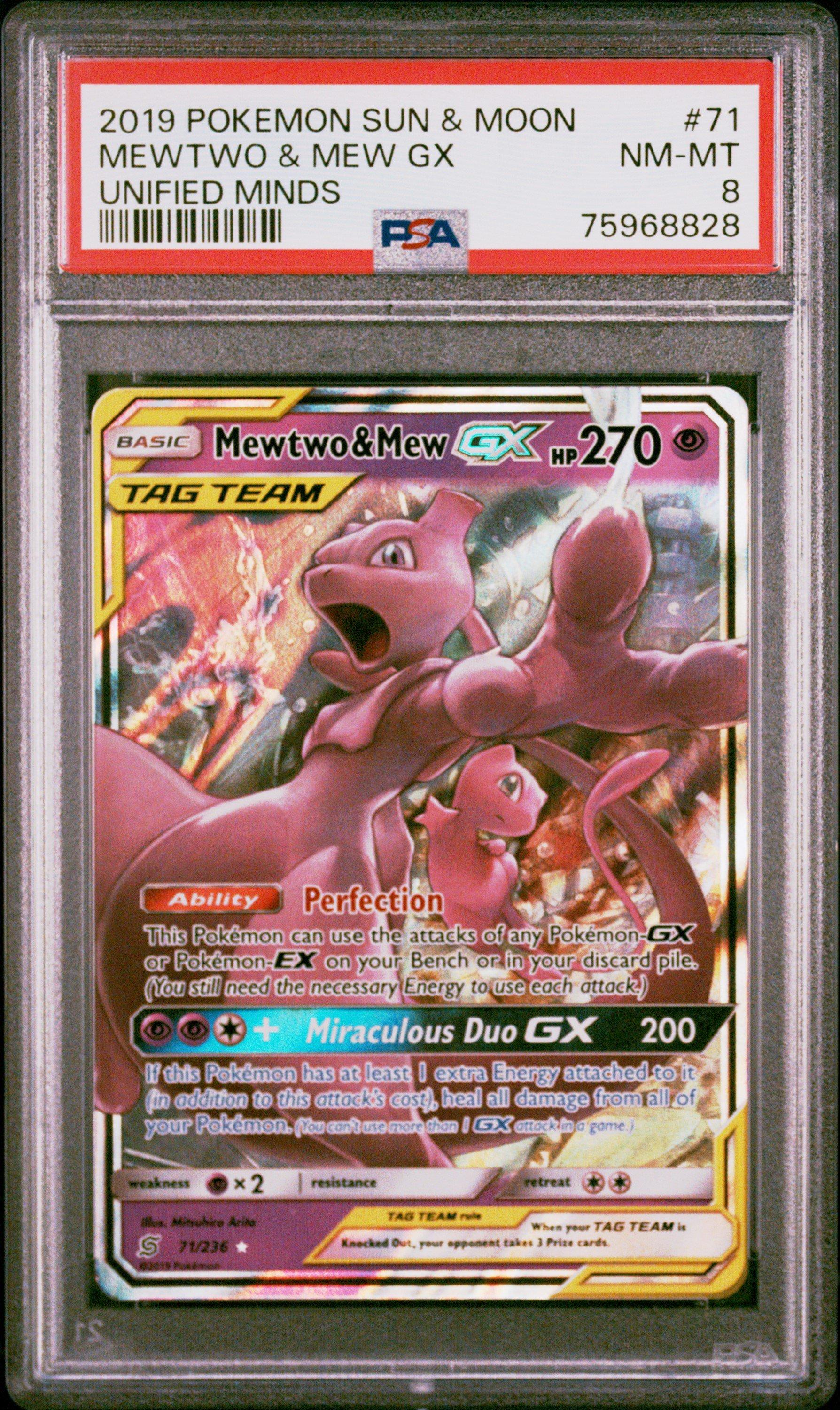 2019 Pokemon Sun & Moon Unified Minds 71 Mewtwo & Mew Gx PSA 8