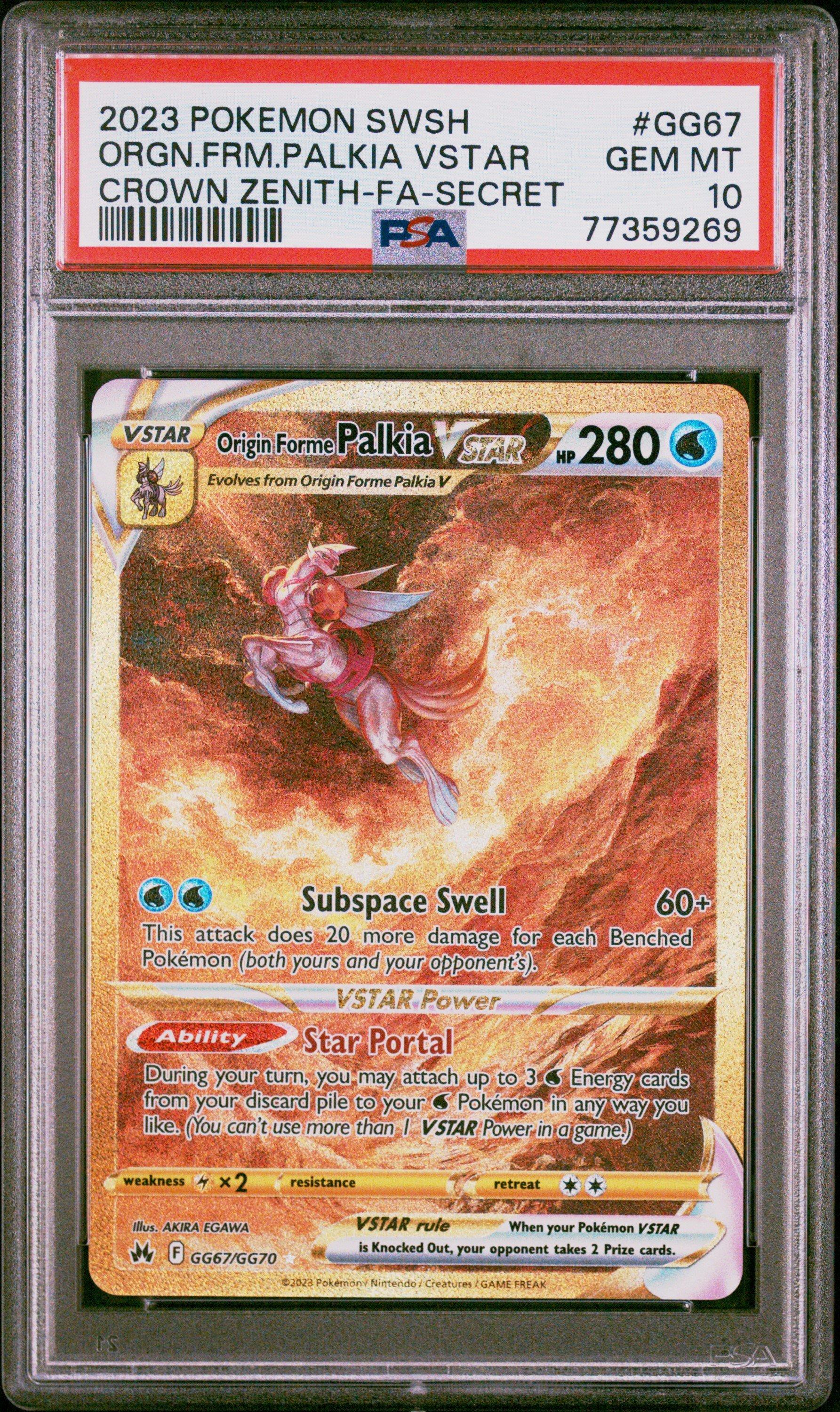 gold palkia pokemon card 2023 Sword And Shield Crown Zenith Gg67 Full Art/origin Forme Vstar Secret PSA 10 Graded Preserved in a tamper Gold Palkia out of a